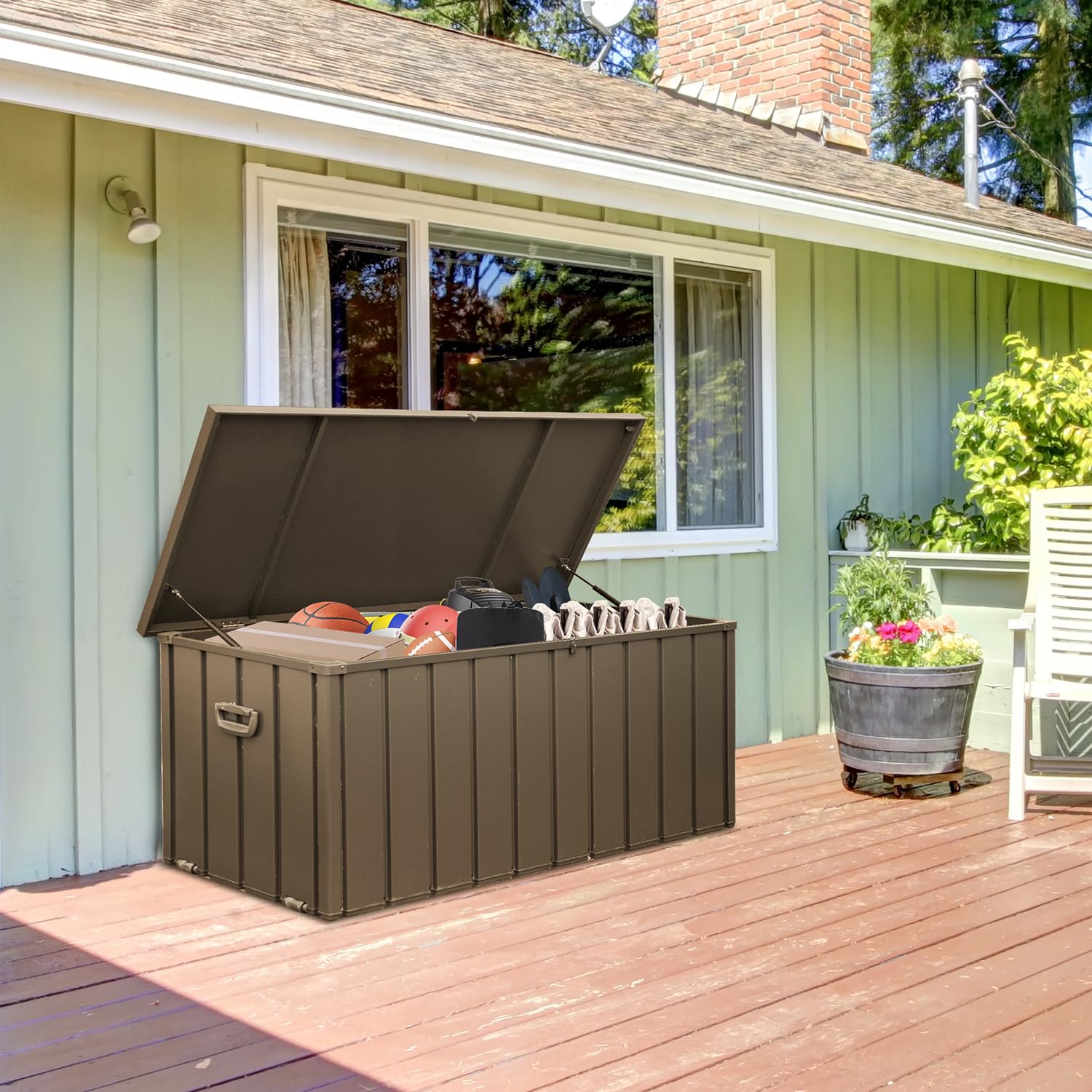 120 Gallon Waterproof Lockable Steel Outdoor Storage Deck Box - Dark Brown | Organize Patio Cushions, Garden Tools, Pool Equipment & Toys | Weatherproof Storage Solution for Backyard, Deck & Poolside