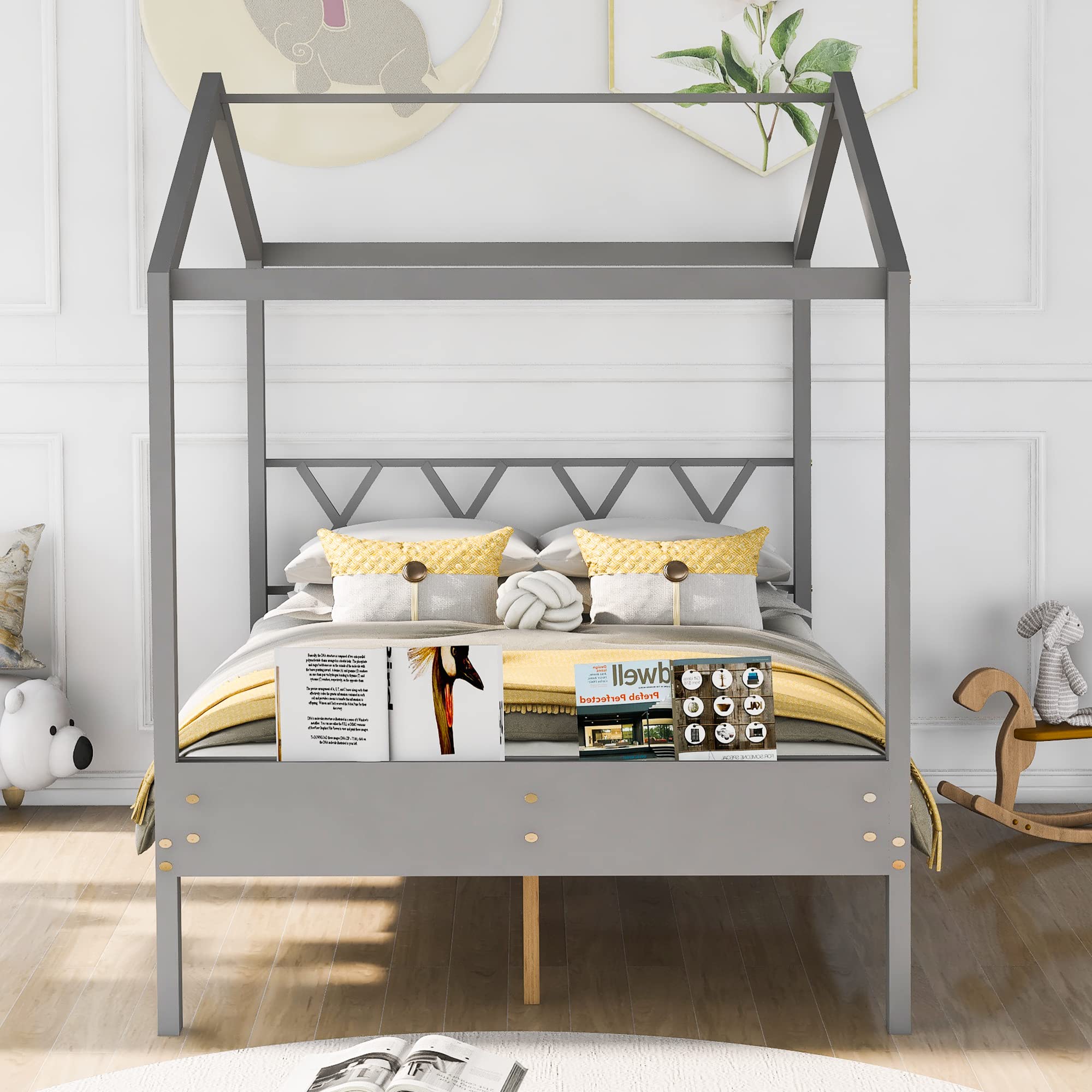 Merax Full Size Wooden House Bed with Storage & Roof - Kids Playhouse Bed for Bedroom, Grey - Perfect for Playrooms, Bedrooms & Imaginative Play