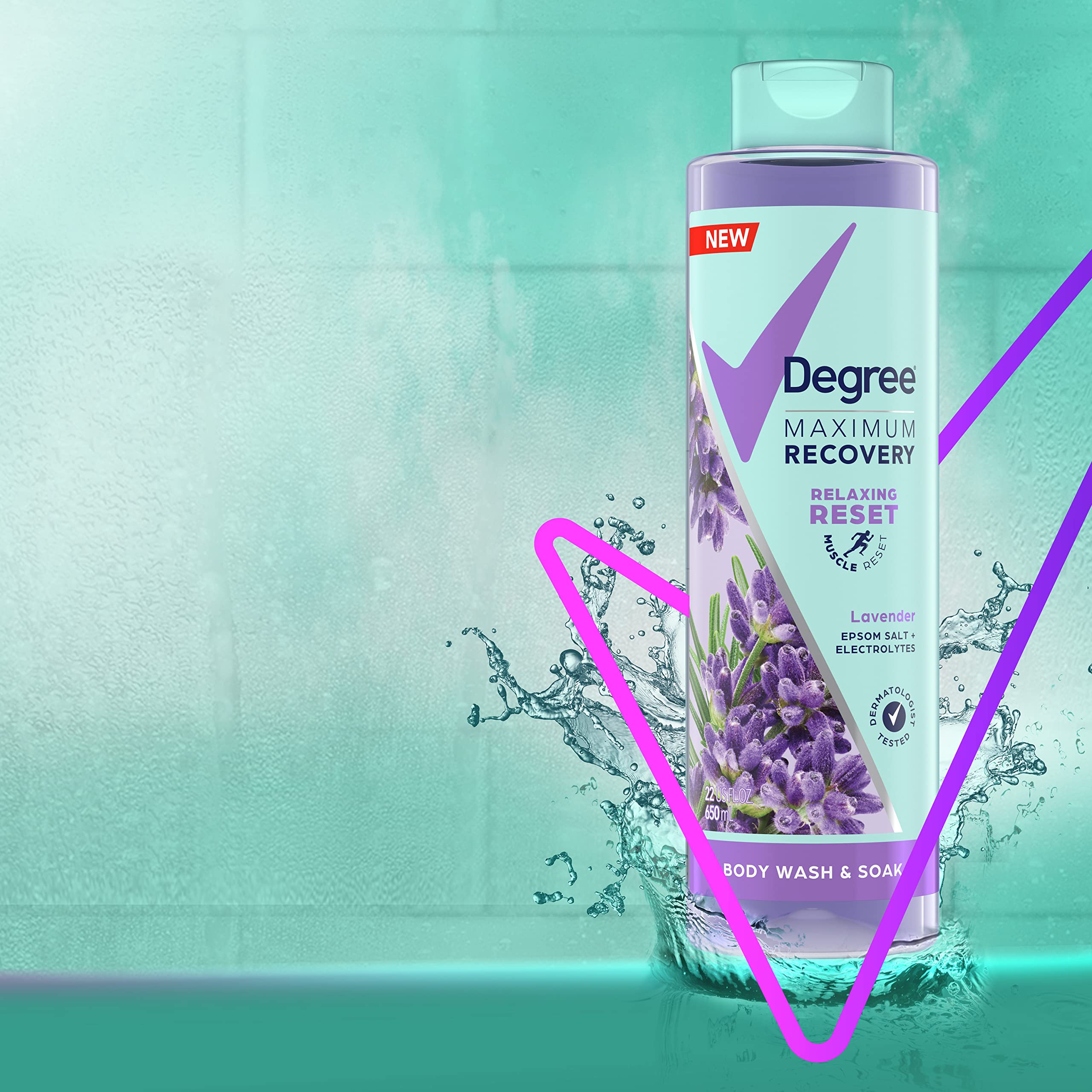 Degree Maximum Recovery Body Wash & Soak - Post-Workout Skincare with Lavender Extract, Epsom Salt & Electrolytes - 22 Fl Oz (Pack of 4) - Ideal for Muscle Recovery, Relaxation & Detox After Gym, Yoga or Sports