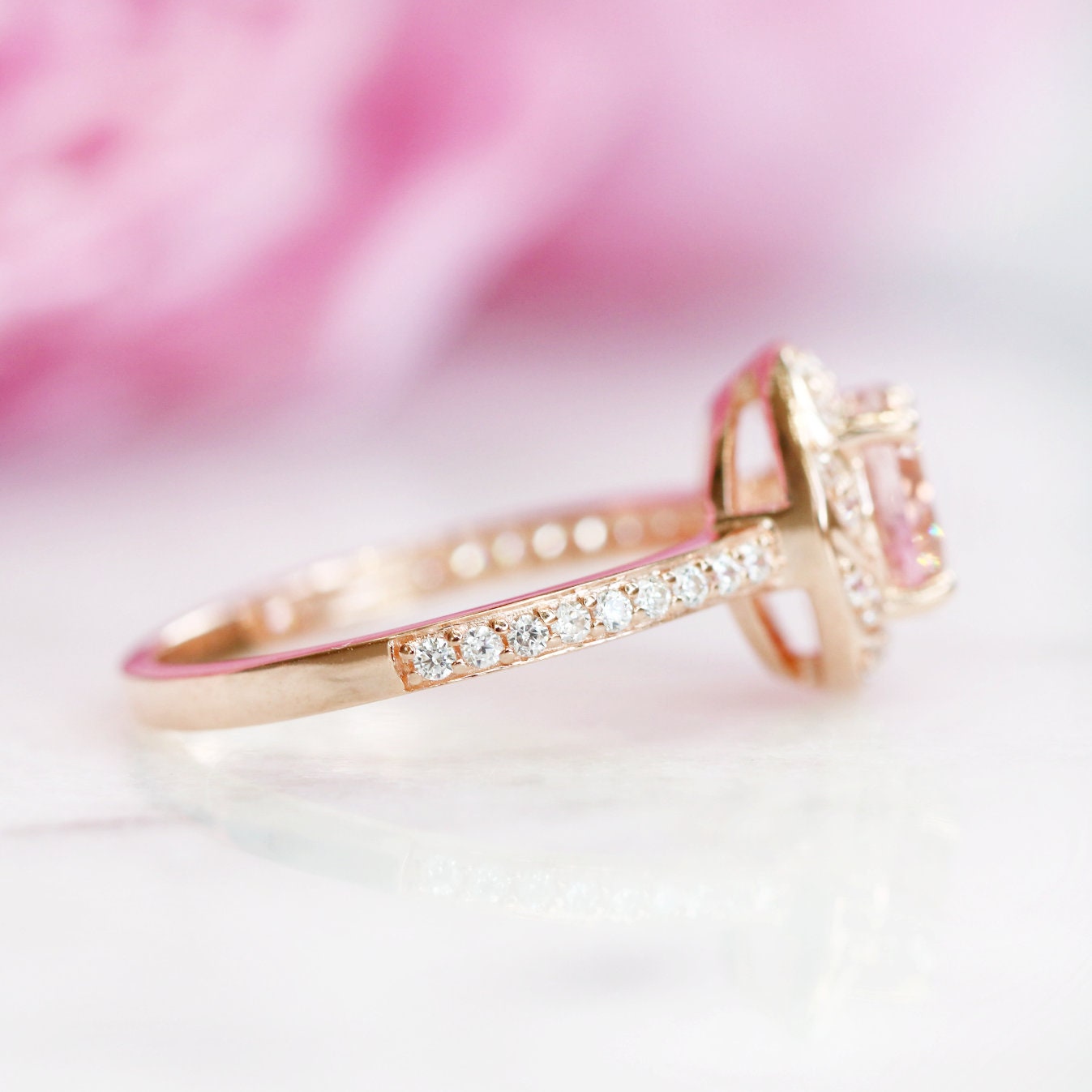 14K Solid Rose Gold Twisted Halo Morganite Engagement Ring - Perfect for Proposals, Anniversaries & Bridal Jewelry