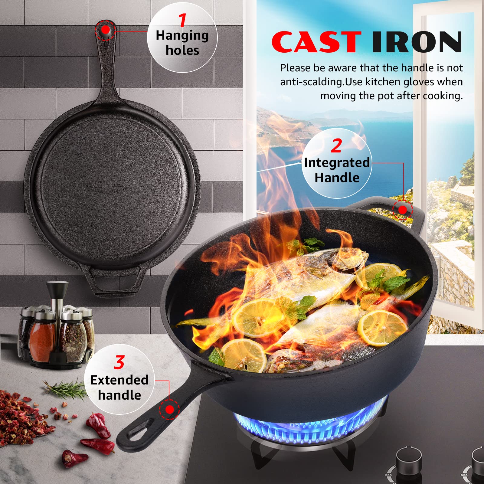 Overmont 2-in-1 Cast Iron Skillet & 17'' Griddle Bundle – Premium Cookware Set for Grilling, Searing & Baking – Perfect for Outdoor Camping, BBQ & Home Kitchen Use