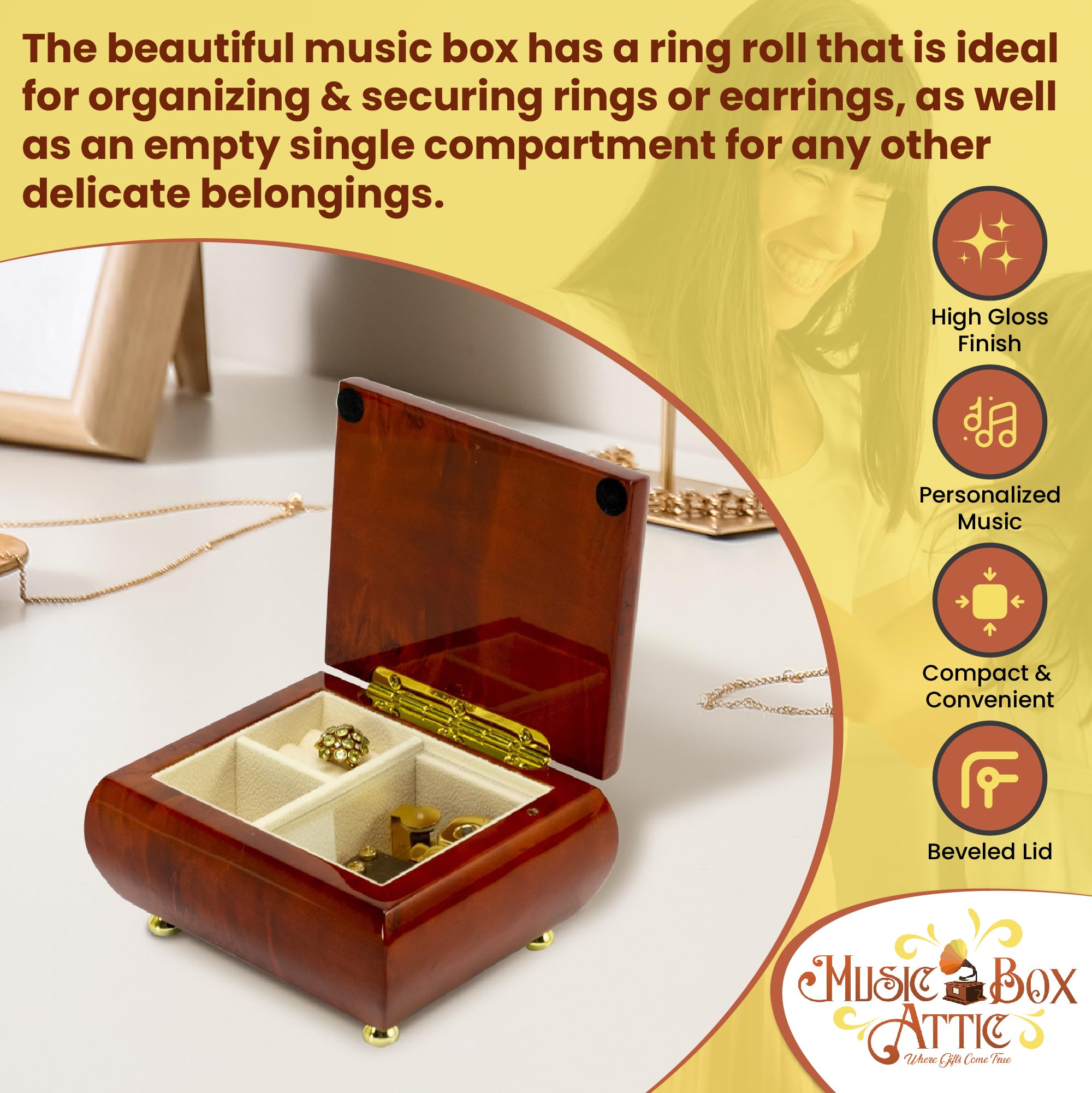 Personalized Wooden Musical Jewelry Box for Women & Girls - Custom Song Jewelry Organizer with Music (Itsy Bitsy Spider) - 5.0 x 4.5 x 2.5