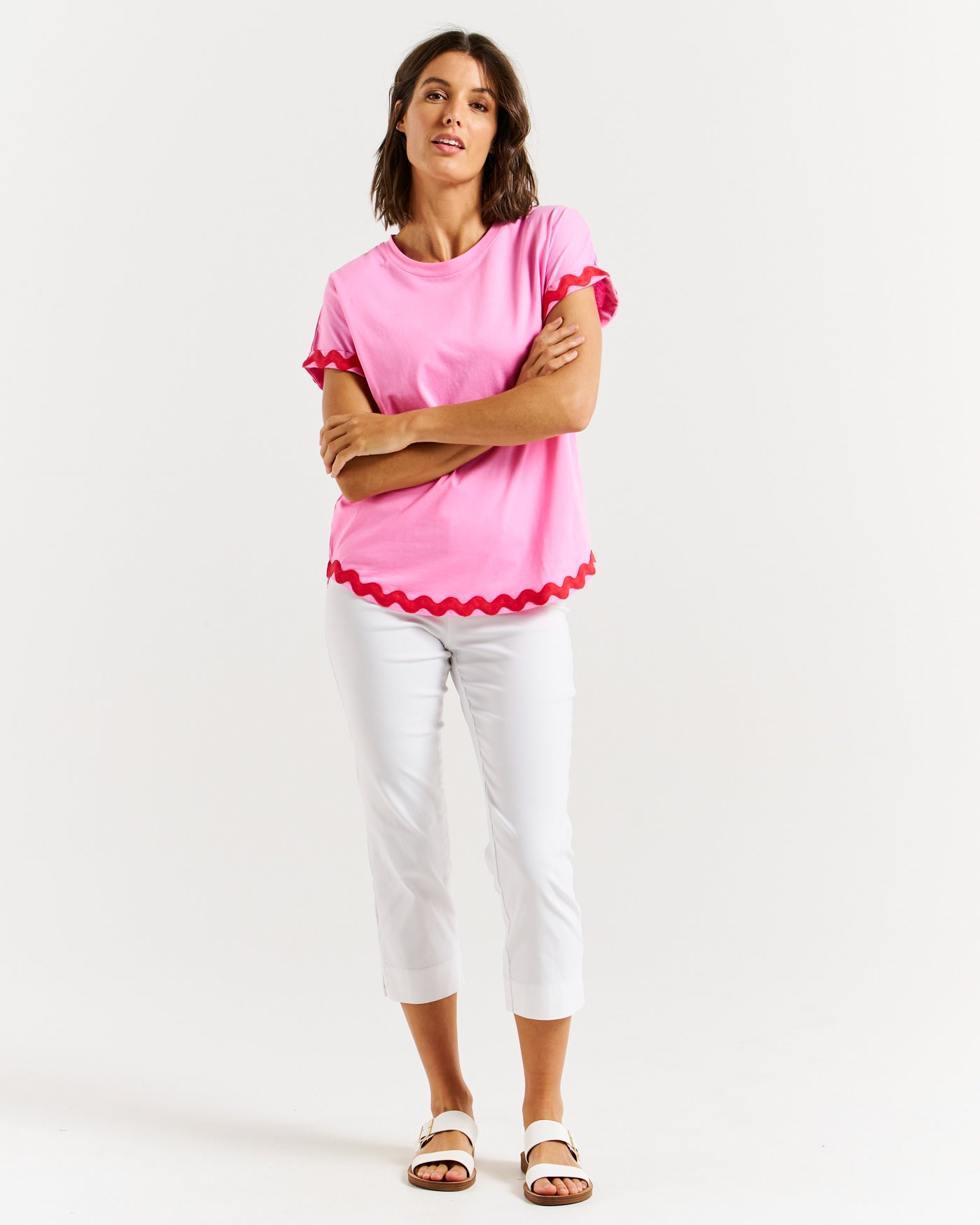 Betty Basics Sunny Tee - Women's Short Sleeve Casual T-Shirt in Red/Pink Ric Rac Print | Perfect for Summer Outings, Beach Trips & Everyday Wear