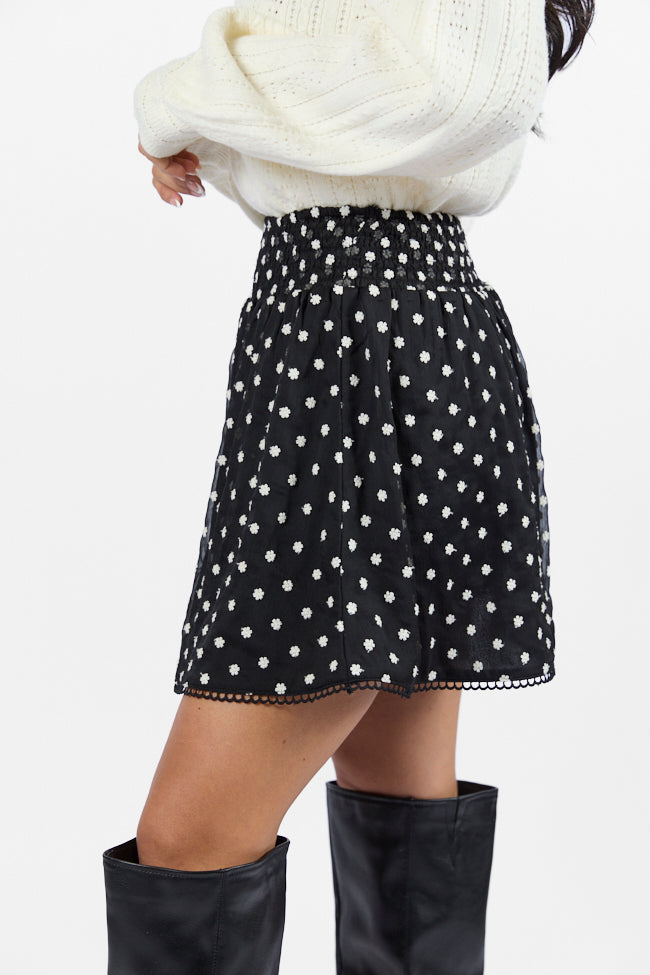 Through The Garden Black Floral Eyelet Trim Mini Skort - Women's Stylish Skirt Shorts for Summer, Casual Outfits & Garden Parties
