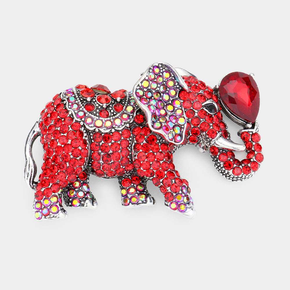 Red Stone Embellished Elephant Pin Brooch for Women - Elegant Jewelry Accessory for Special Occasions, Weddings & Gift Giving