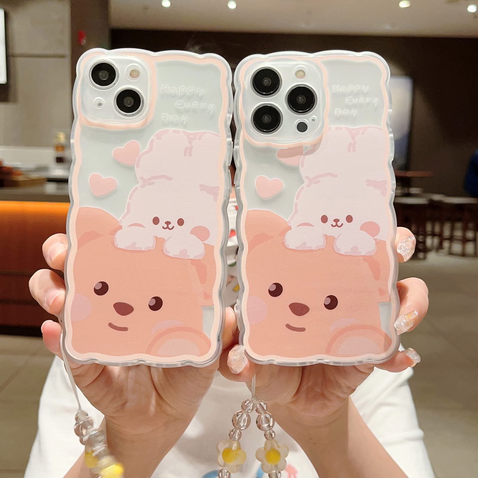 Cute Cartoon Little Bear Rabbit iPhone 12 Pro Max Case - Soft TPU Transparent Phone Cover with Aesthetic Kawaii Chain Design for Women & Girls | Perfect for Daily Use, School, Work & Travel