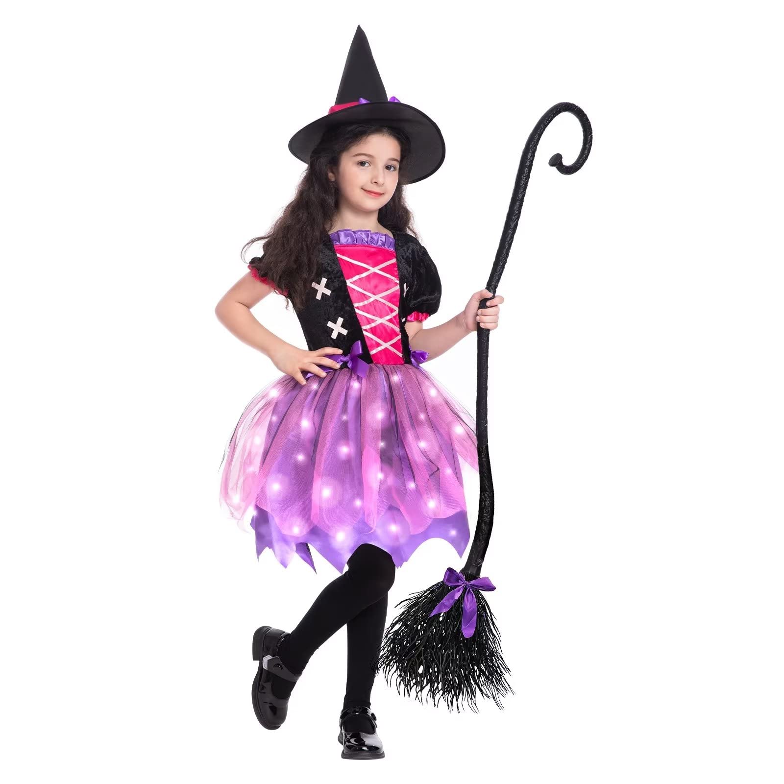Glow-in-the-Dark Witch Costume for Girls - Halloween Witch Dress with Light-Up Hat & Broom Set - Perfect for Trick-or-Treating, Halloween Parties & Kids Dress-Up Play
