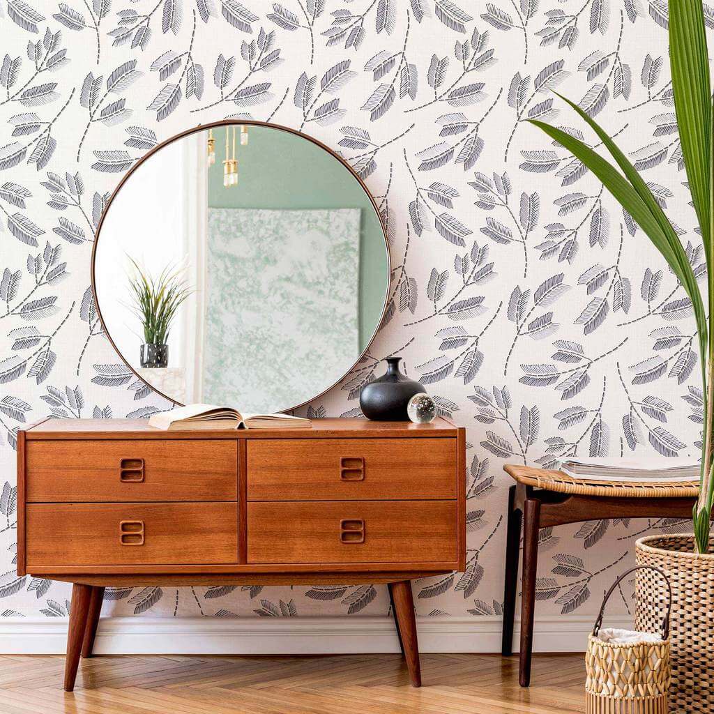 Grey Leaves Peel and Stick Removable Wallpaper - Self-Adhesive Decorative Wall Covering for Bedroom, Living Room, and Office Decor