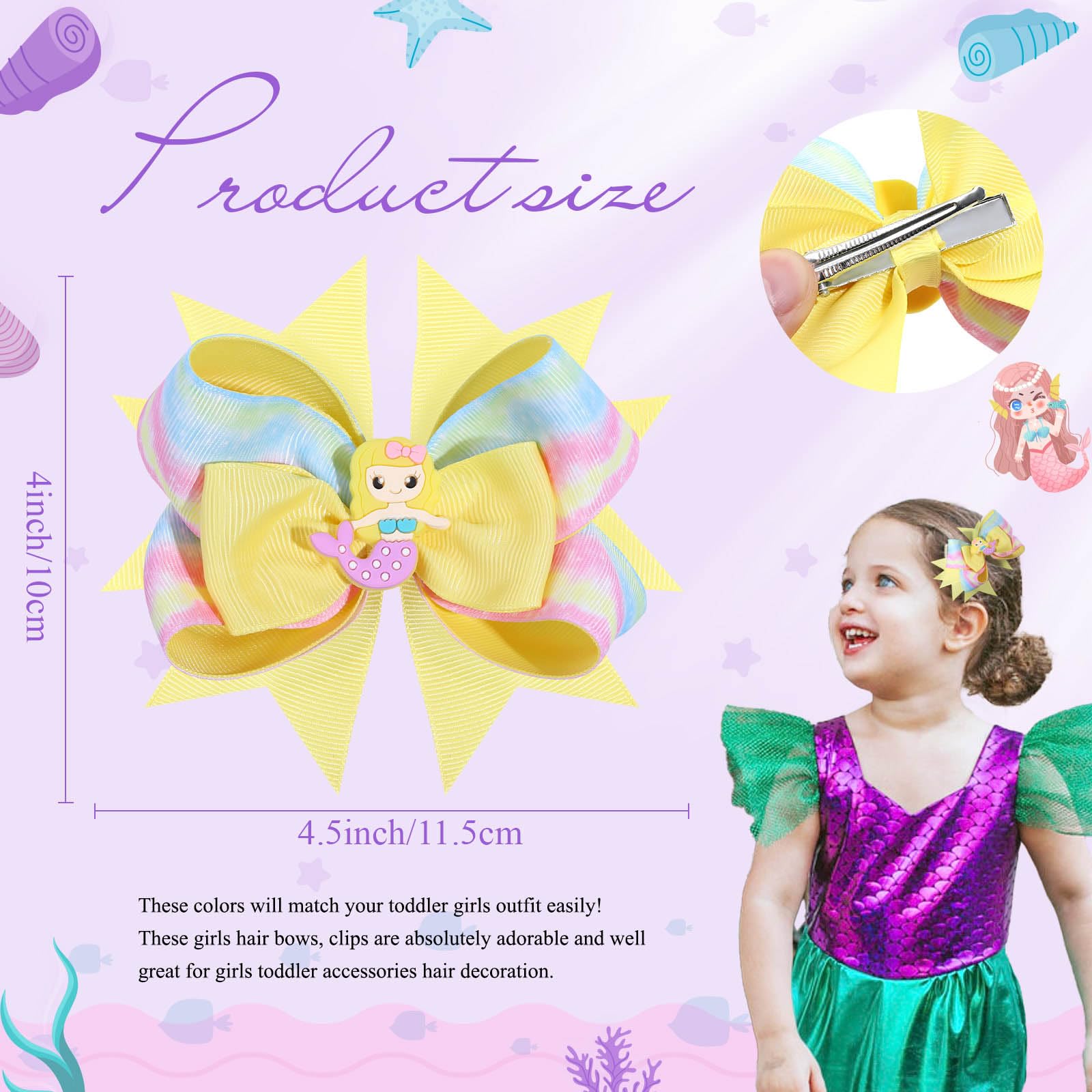 Oaoleer 2 Pack 4.5 Inch Mermaid Hair Bows for Girls - Grosgrain Ribbon Hair Clips with Alligator Clips - Cute Hair Accessories for Toddlers Kids Teens (Yellow+Green) - Perfect for Birthday Parties School Events Dance Recitals