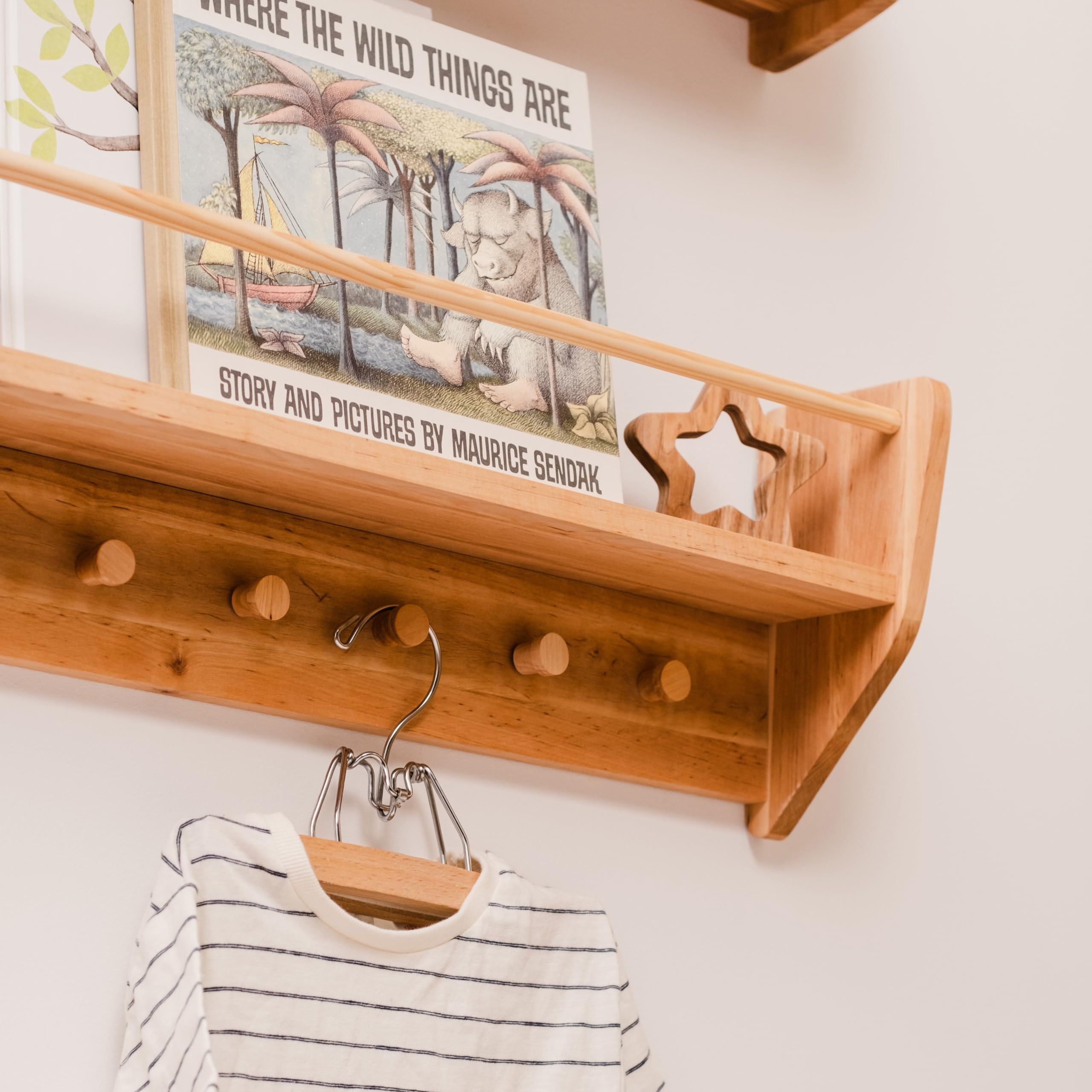 Wooden Wall Mounted Bookshelf for Kids - Nursery Decor with Hooks, Montessori Bookshelf for Toddlers, Baby Shower Gift (Large) - Perfect for Nursery, Playroom, and Kids Bedroom Organization