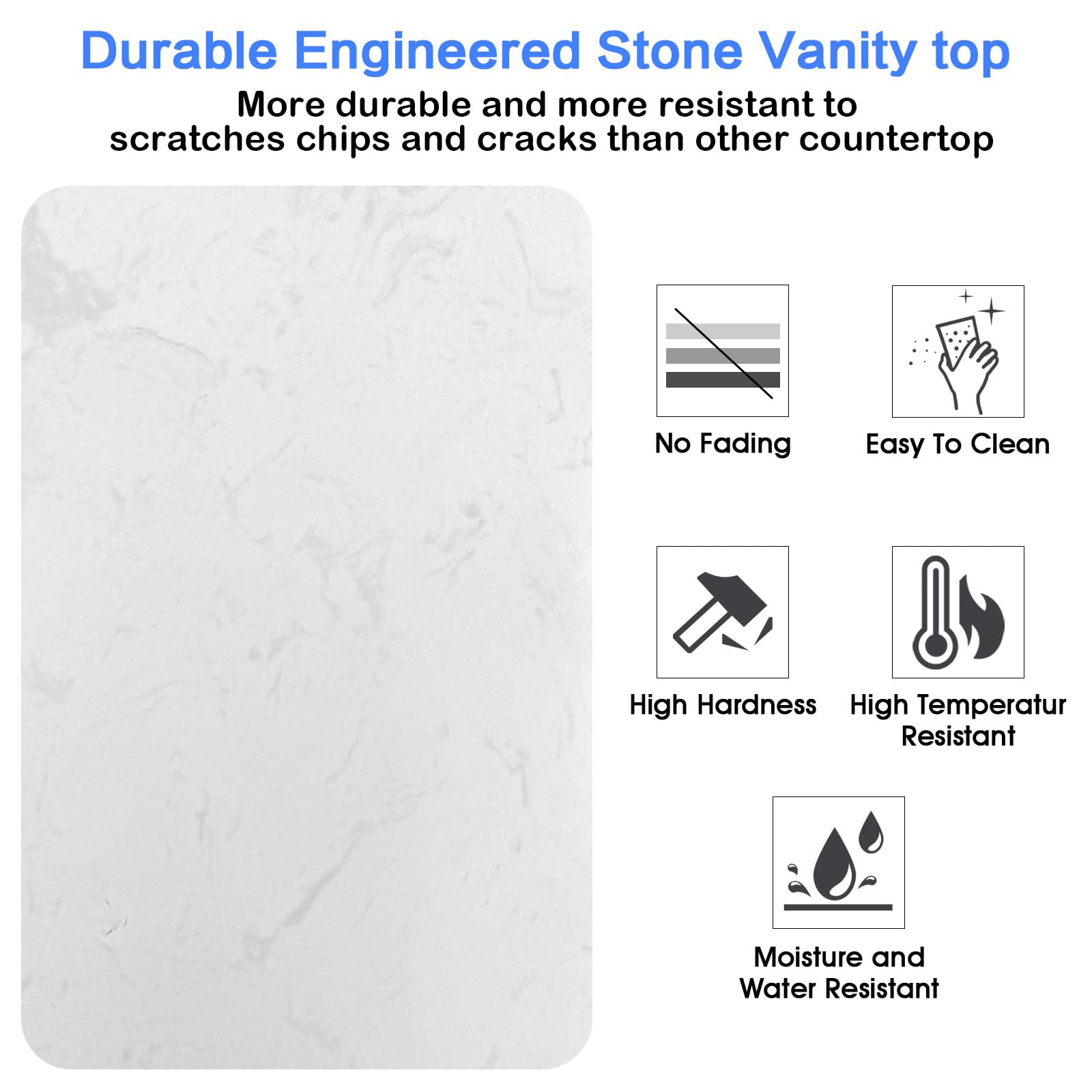 36 Inch Vanity Sink Top - Engineered Stone Composite Bathroom Vanity Top with Rectangular Right Offset Sink in Ariston White | Includes 8