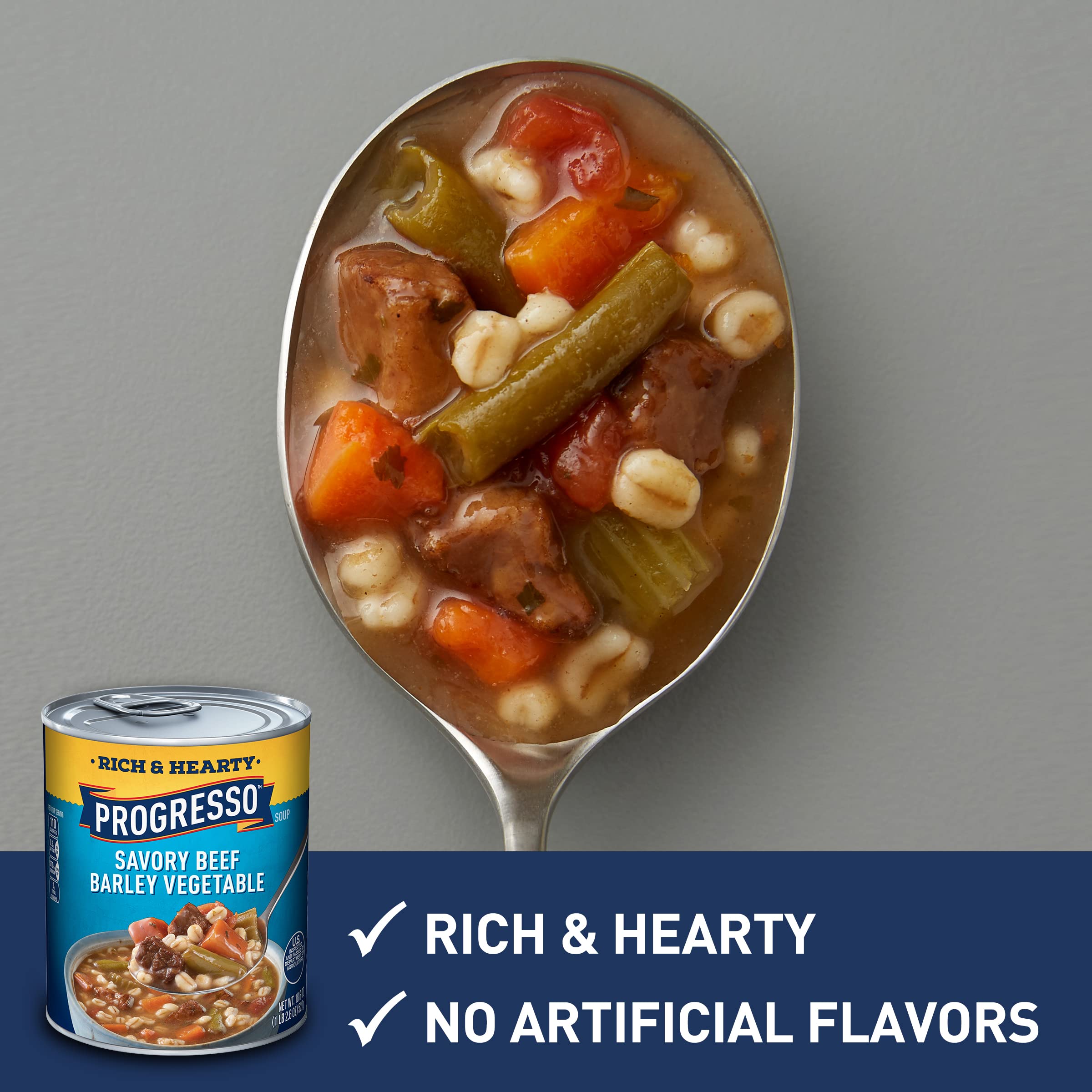 Progresso Rich & Hearty Savory Beef Barley Vegetable Canned Soup - 18.6 oz (Pack of 1) | High-Protein Ready-to-Eat Meal for Quick Lunches, Camping & Emergency Food Supply