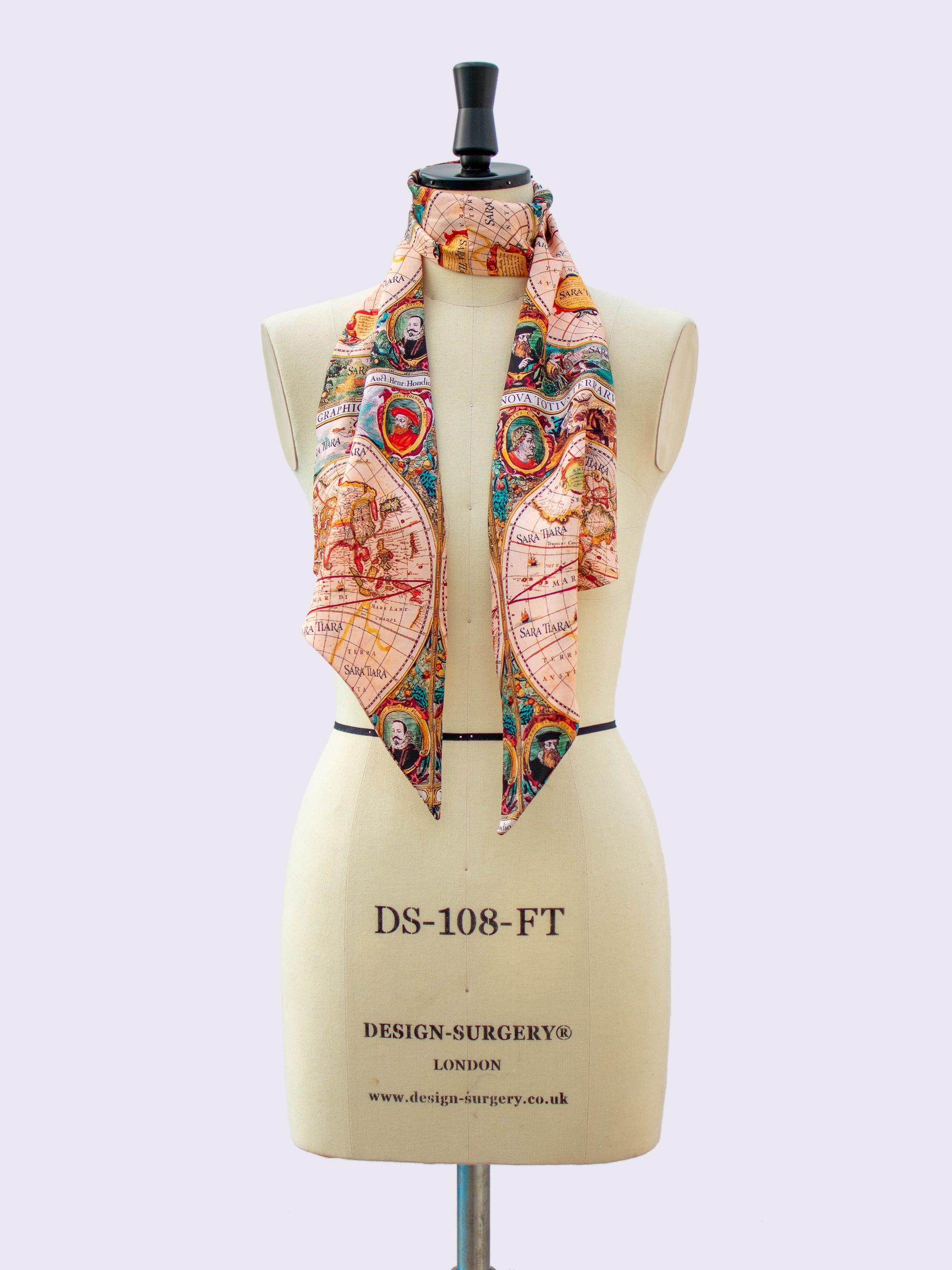 Elegant Silk Skinny Scarf with Vintage Map Print - Perfect for Travel, Office & Evening Outfits
