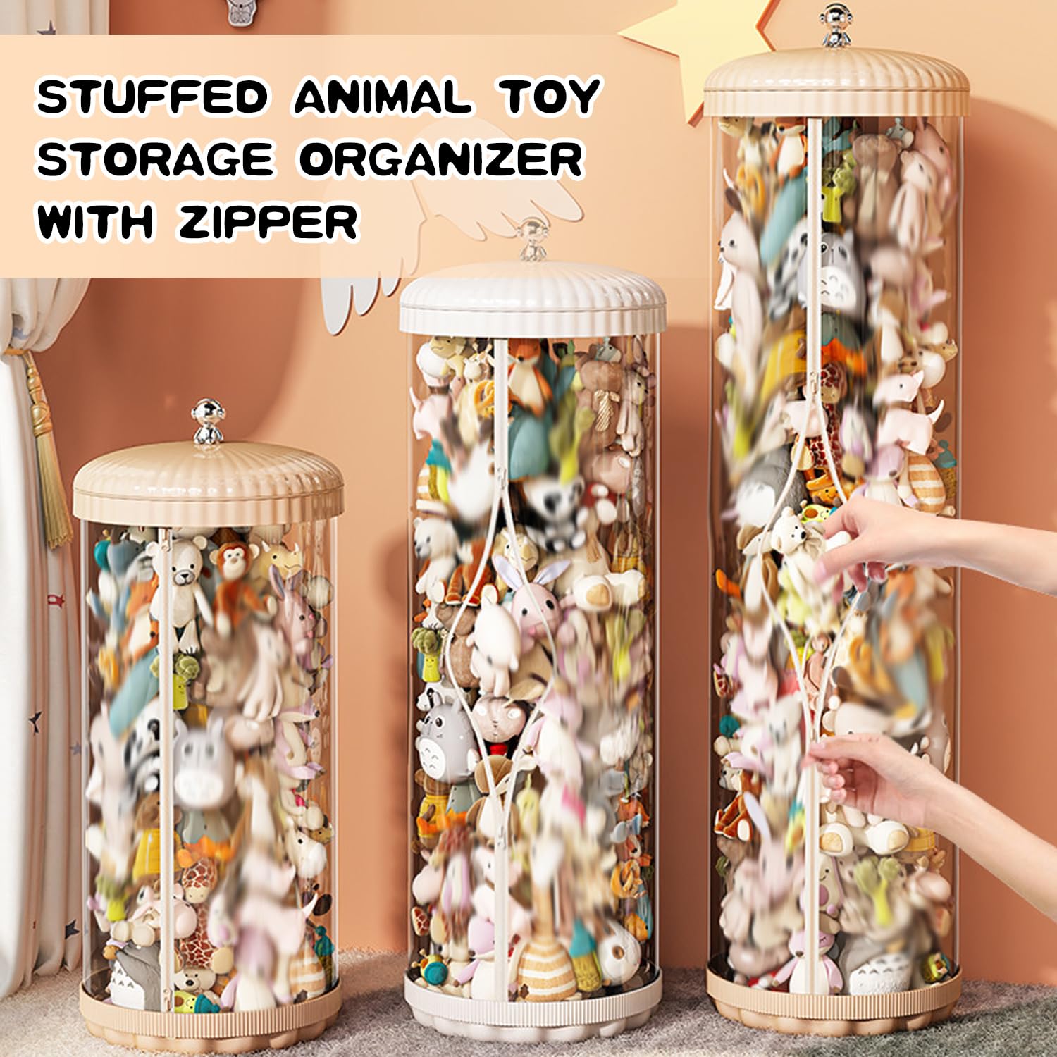 Kids Doll Storage Tube - Transparent PET Stuffed Animal Organizer with Zipper & Lid, 150cm White Toy Display Bucket for Bedroom | Perfect for Toy Organization, Playroom Storage & Kids Room Decor