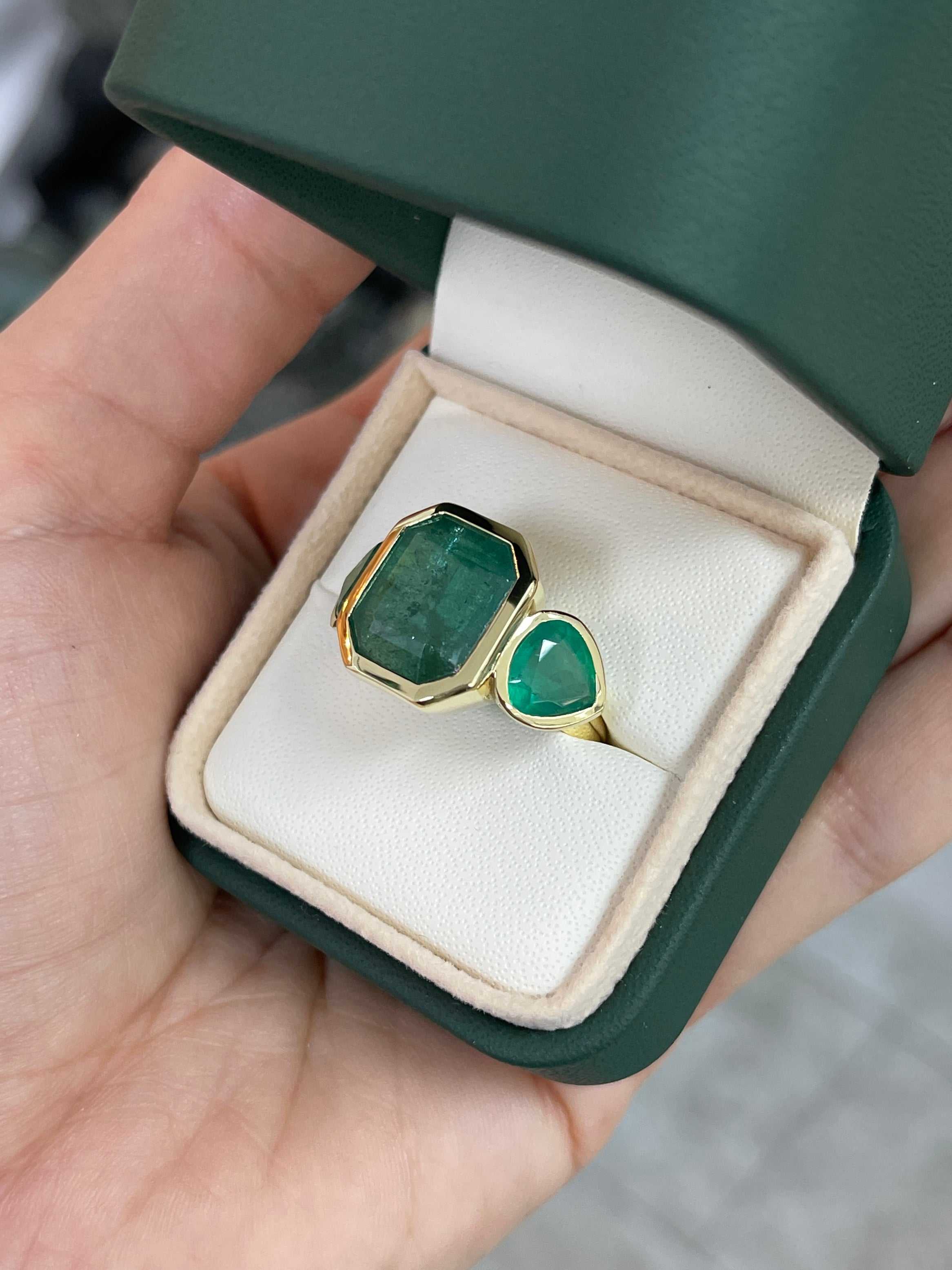 15.44tcw Three Stone Emerald Ring - 11.32 Carat Zambian Emerald with Pear Cut Accents in 18K Gold | Elegant Jewelry for Weddings, Anniversaries & Special Occasions