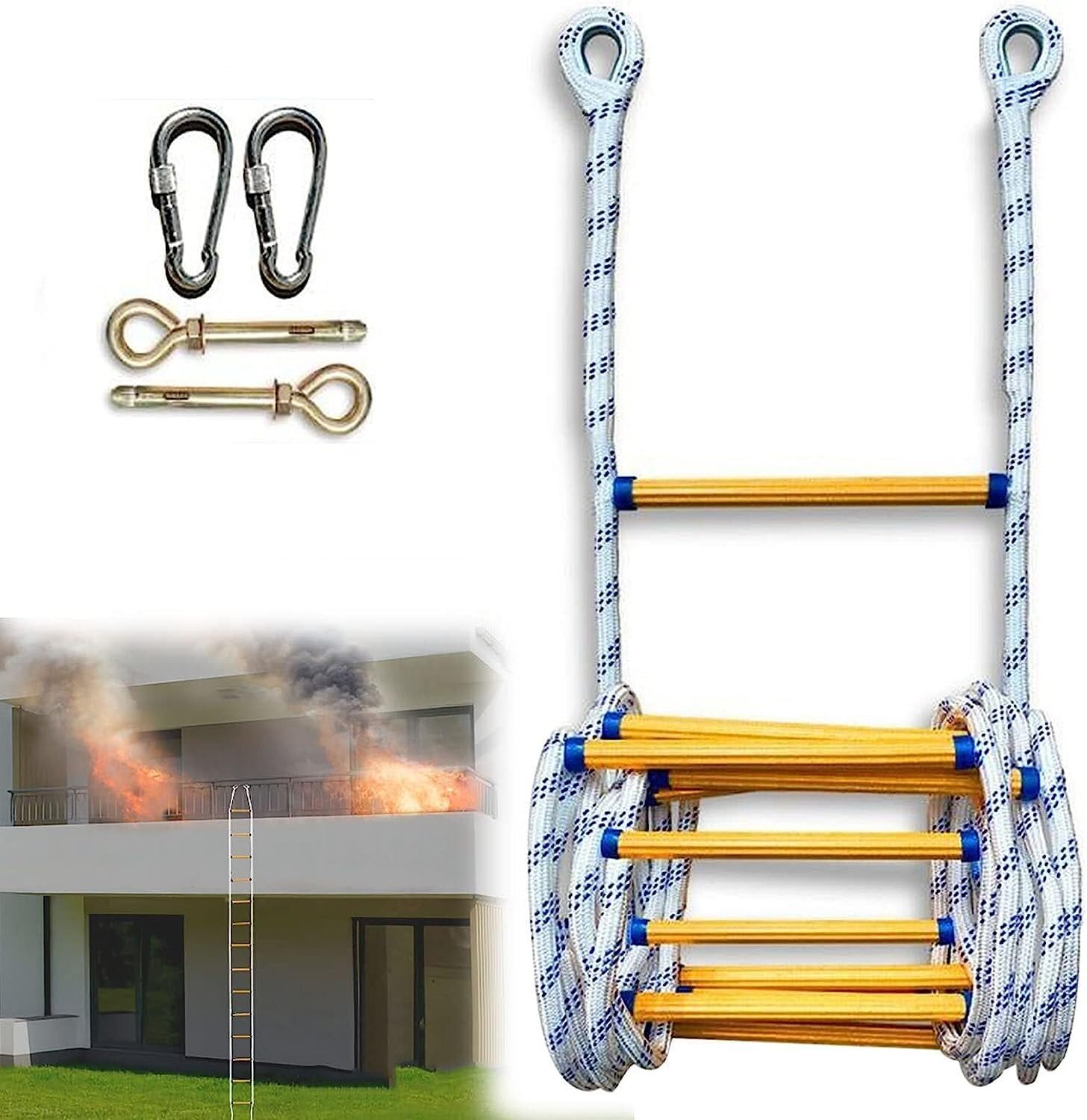 Fire Escape Rope Ladder with Hook - 32FT/10M Quick-Deploy, Compact & Easy Storage - NAKEAH Fire Rescue Ladder for Emergency Evacuation, Home Safety & Survival Scenarios