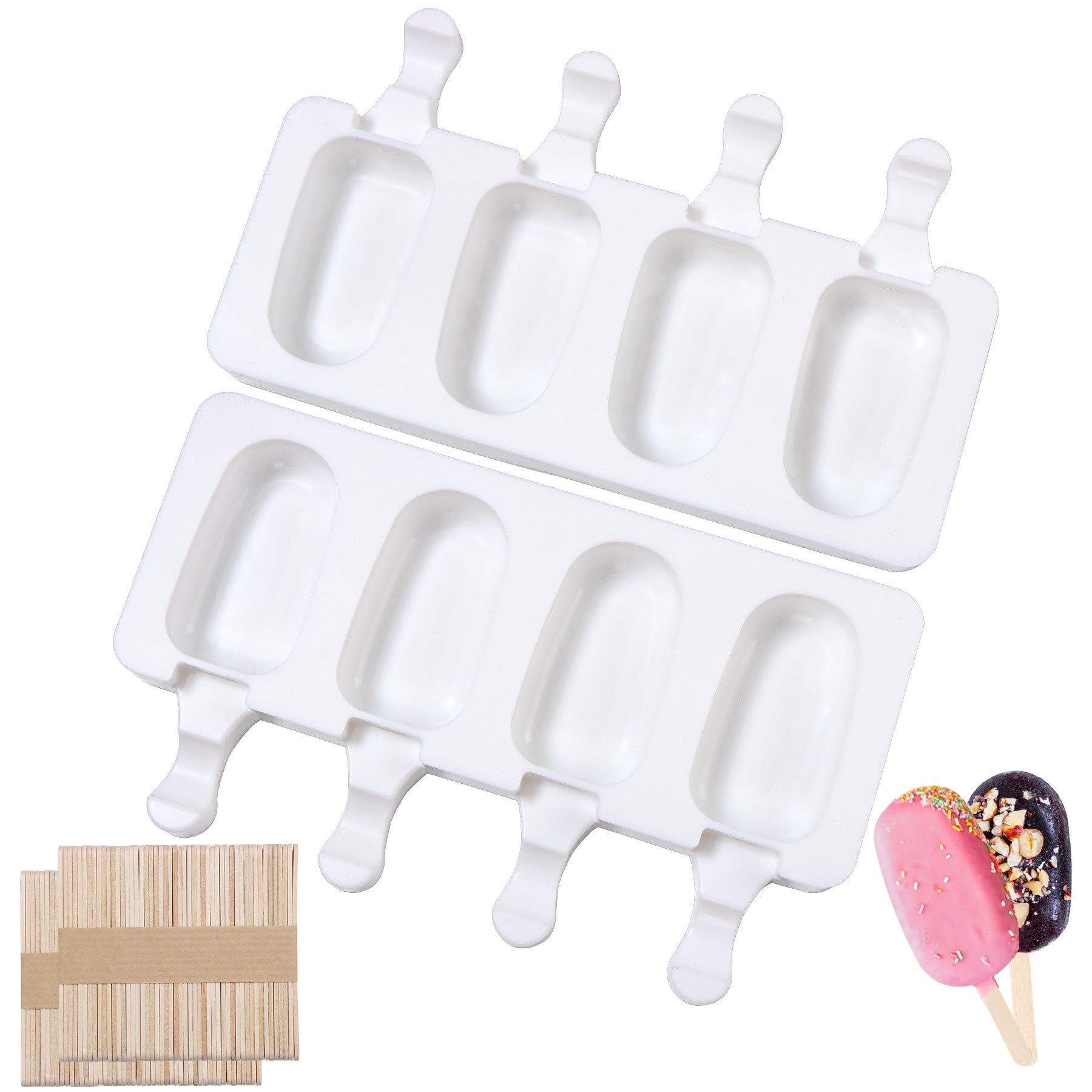 2-Pack Silicone Popsicle Molds with 100 Wooden Sticks - 4 Cavity Ice Pop Maker for Homemade Ice Cream, Cakesicles & Cake Pops (White) | Perfect for Summer Treats, Kids Snacks & DIY Dessert Parties