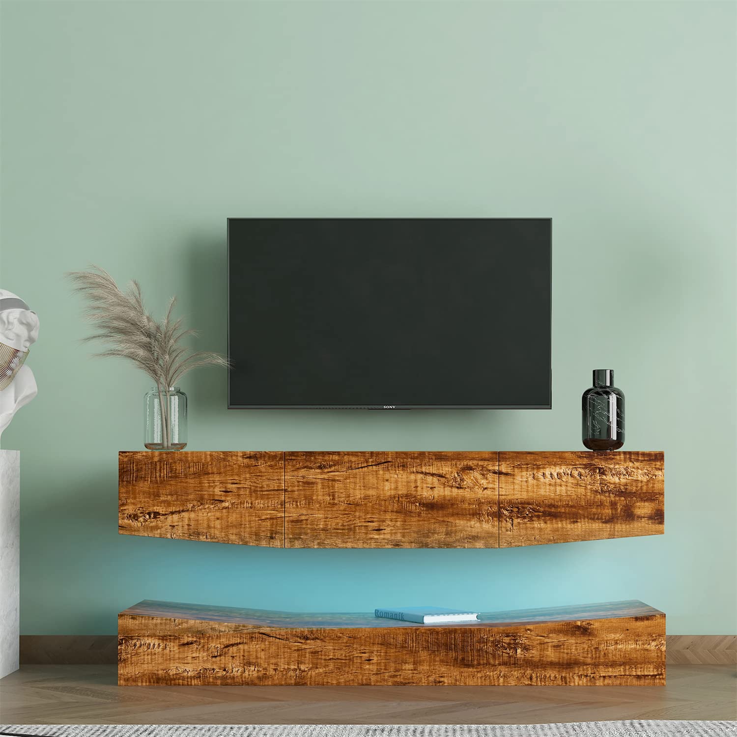 Modern LED TV Stand with 3 Drawers & Built-in Lighting - Wall Mountable Entertainment Center with High Capacity Wooden Storage (Walnut Finish) - Perfect for Living Room, Bedroom & Home Theater Setup