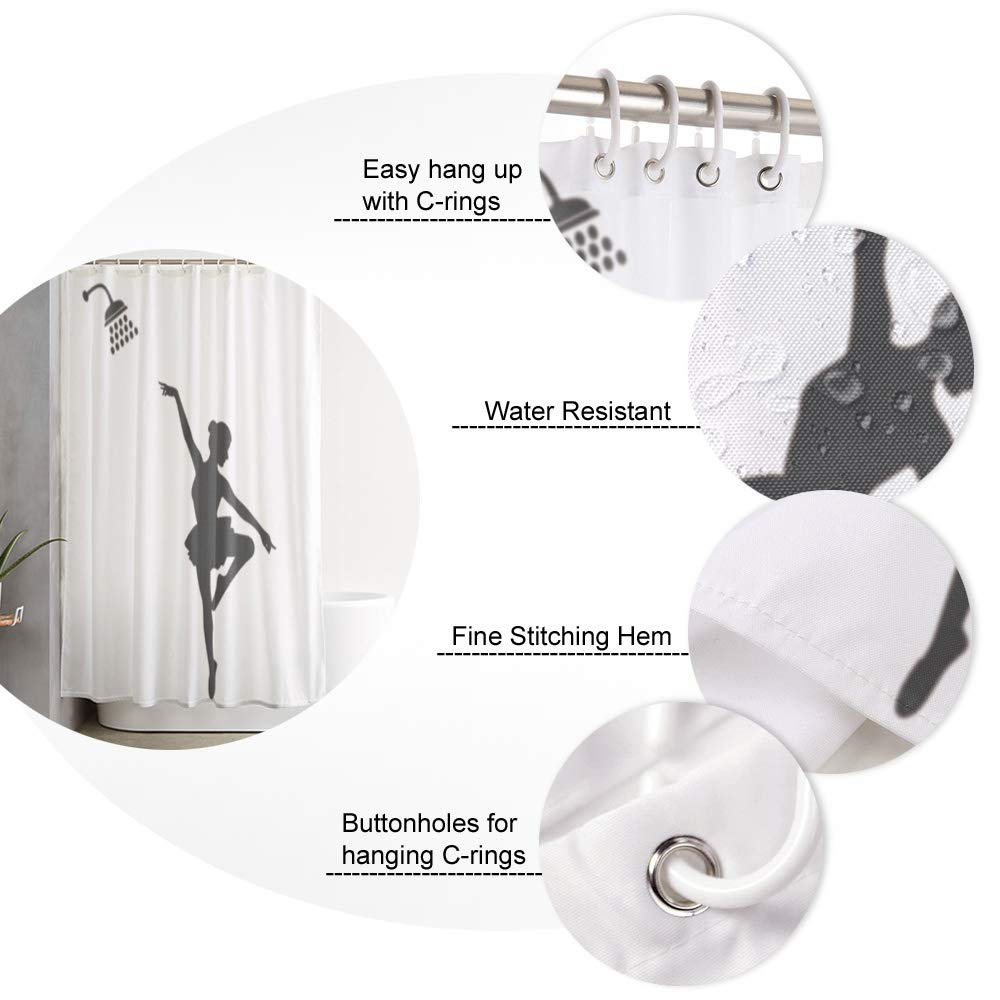Elegant Ballet Dancer Waterproof Fabric Shower Curtain Set with 12 Hooks - 72x72 Inch Gray Bathroom Decor - Machine Washable Bath Curtain Accessories for Spa-Like Shower Experience & Home Decor Upgrade