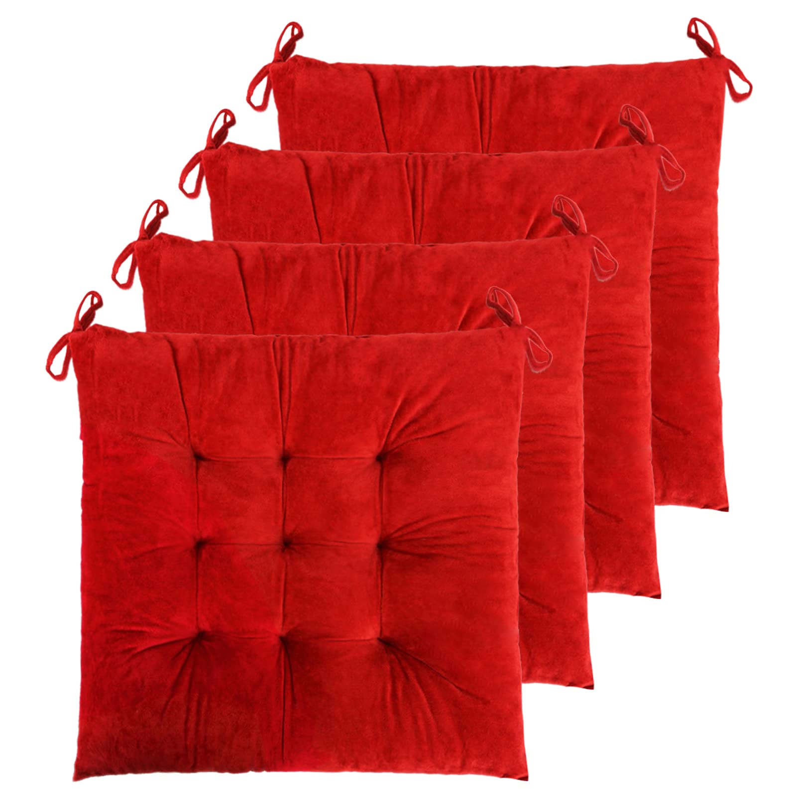 ELFJOY 4 Pack Red Velvet Dining Chair Cushions with Ties - Kitchen & Office Use