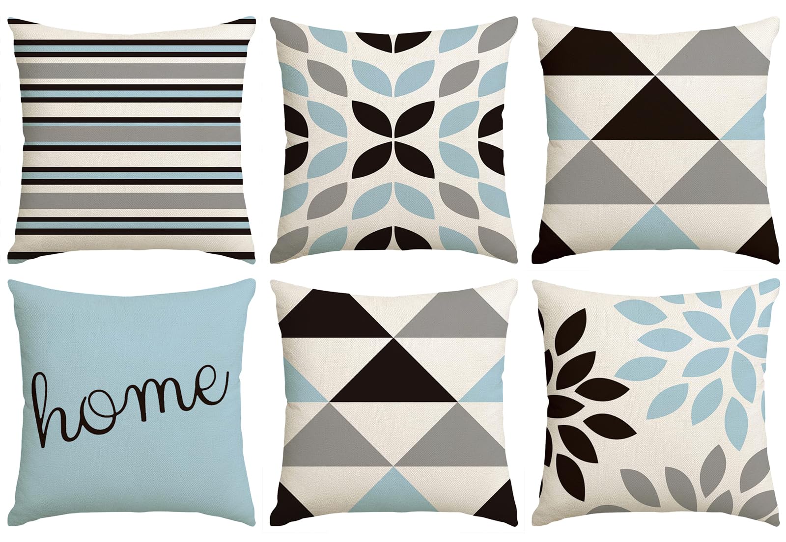 6-Pack 18x18 Inch Geometric Throw Pillow Covers - Black, Curry & Pale Blue Triangle Pattern, Modern Linen Square Cushion Covers for Sofa, Bed, Living Room | Home Decor, Accent Pillows for Cozy Spaces