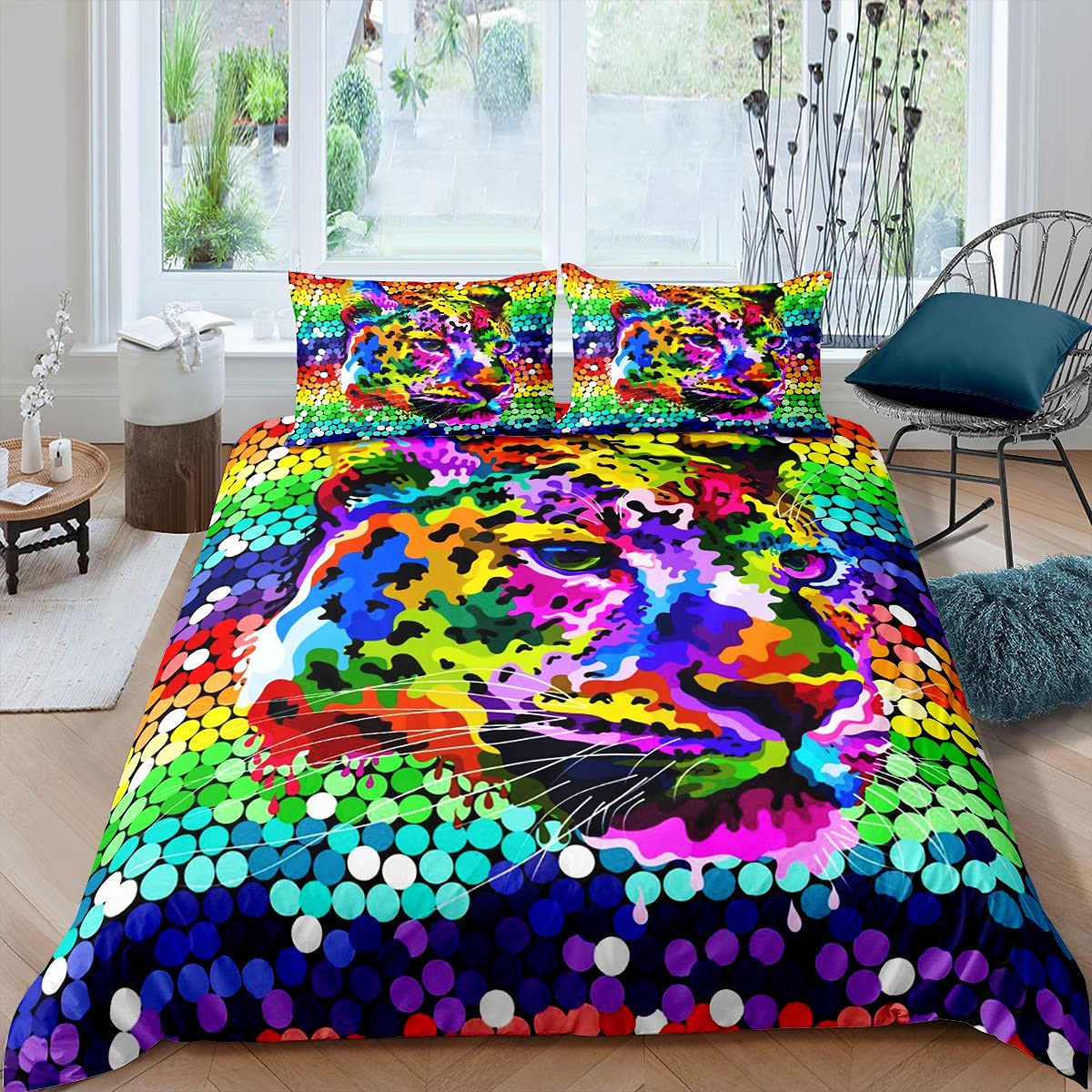 Leopard Print Duvet Cover Set - African Safari Animal Theme Comforter with Cheetah Head & Rainbow Watercolor Design, Includes 1 Pillowcase - Twin Size for Kids & Teens Boys Bedroom Decor | Perfect for Jungle-Themed Rooms, Wildlife Lovers & Unique Teen Bedding