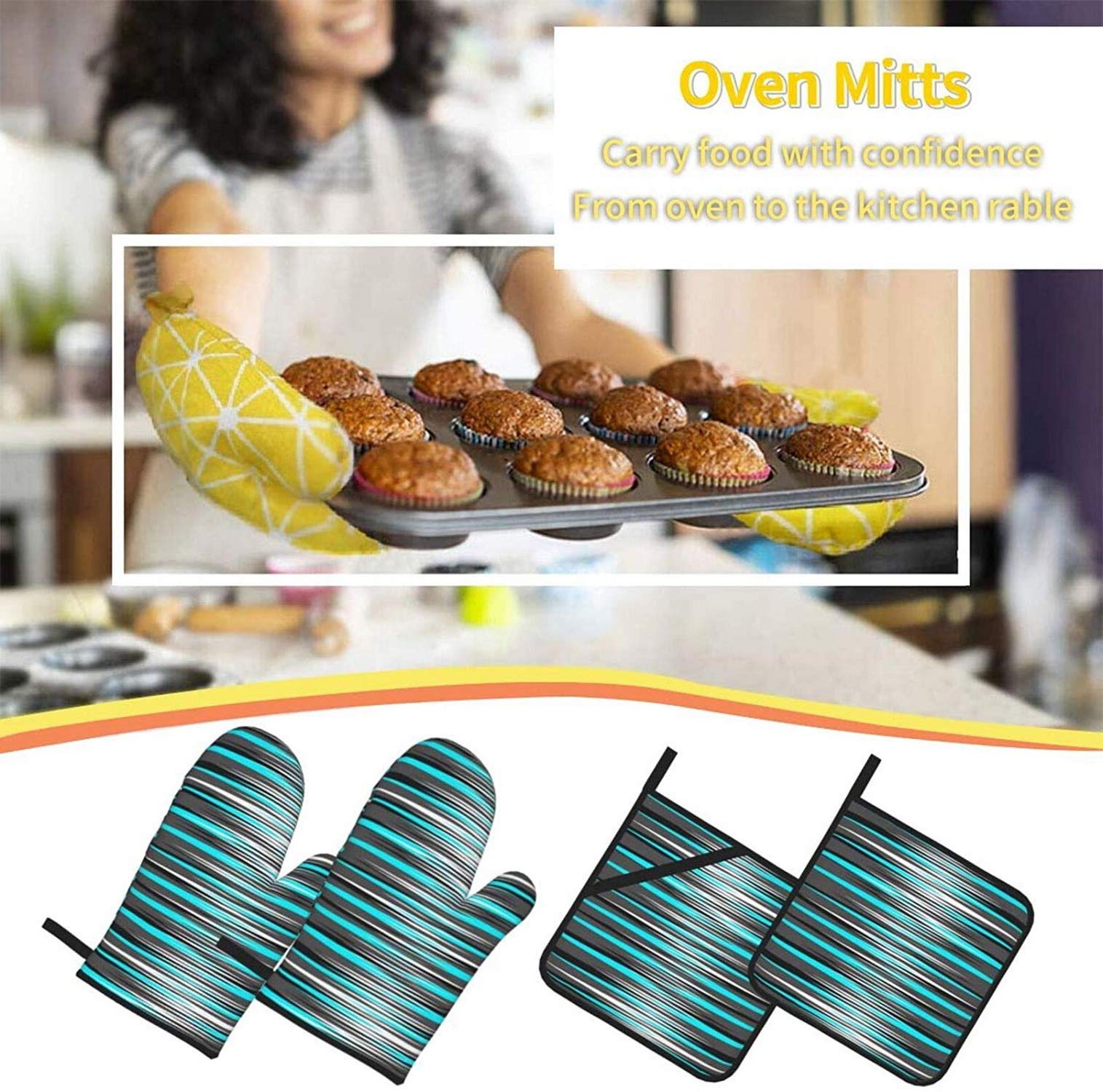 4-Piece Teal Grey White & Black Striped Oven Mitts and Pot Holders Set - Heat Resistant Kitchen Gloves with Non-Slip Hot Pads for BBQ, Baking, Cooking - Perfect for Grilling, Roasting, and Handling Hot Dishes