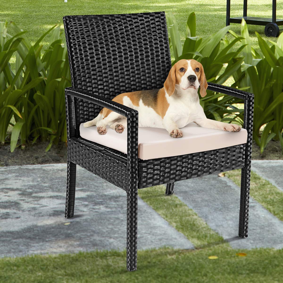 Goplus 3-Piece Wicker Patio Conversation Set with Tempered Glass Tabletop - Outdoor Rattan Sofa Set for Garden, Backyard, Balcony & Poolside Relaxation