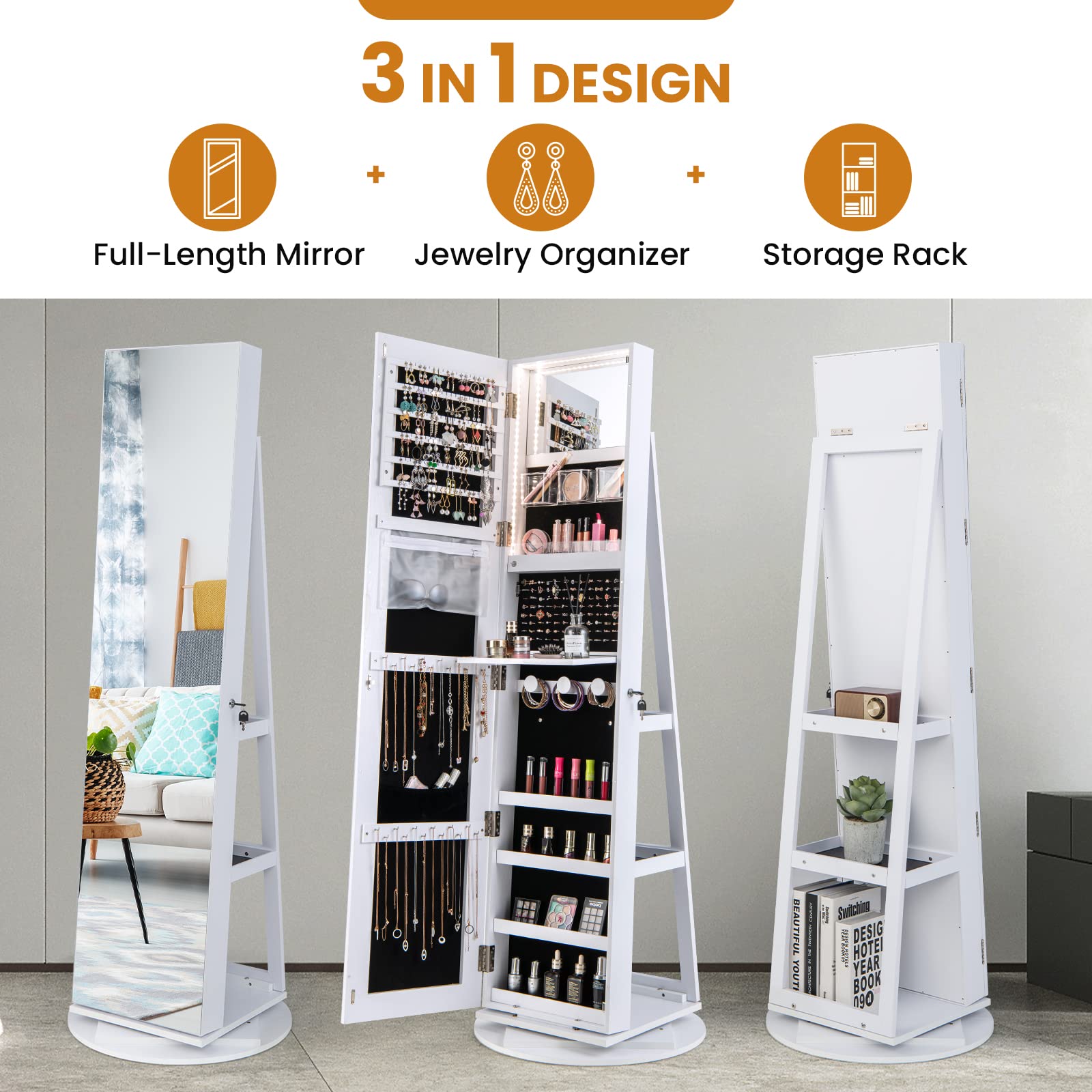 360° Swivel Jewelry Cabinet with Lock & LED Lights - Standing Jewelry Organizer with Full-Length Mirror, Rear Storage Shelves - White Jewelry Armoire for Women & Girls - Perfect for Bedroom, Dressing Room & Closet Organization