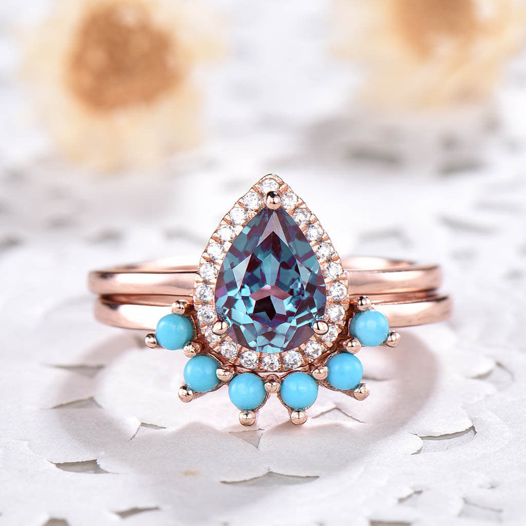 Vintage Pear Shaped Alexandrite & Turquoise Engagement Ring Set with Matching Band (2-Piece) - Perfect for Weddings, Anniversaries & Unique Proposal Gifts