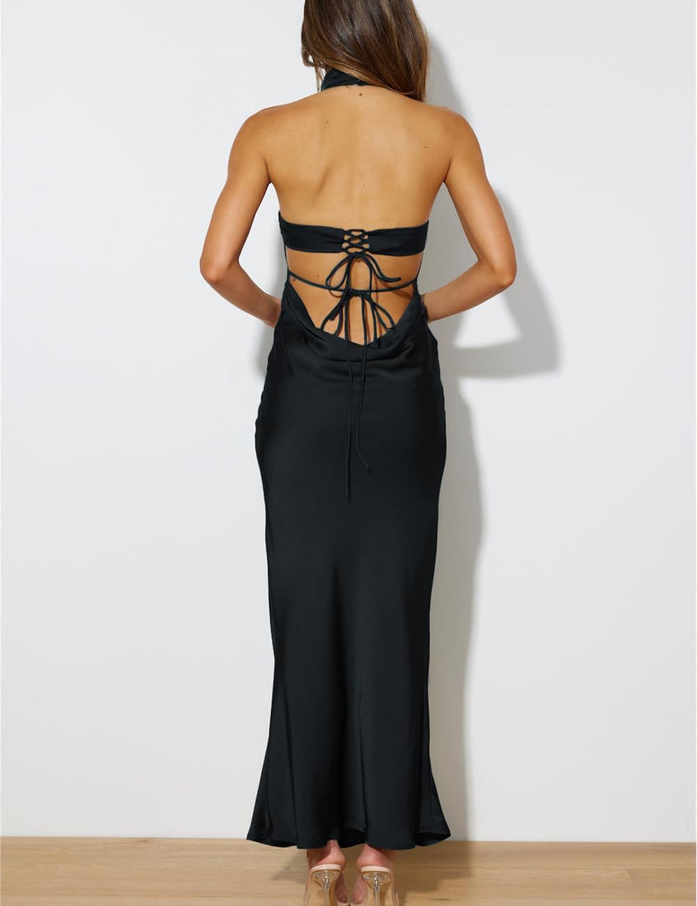 Phicia Women's Sexy Satin Halter Neck Backless Maxi Dress - Elegant Tie Cowl Back Formal Gown for Wedding Guest, Party & Summer Occasions