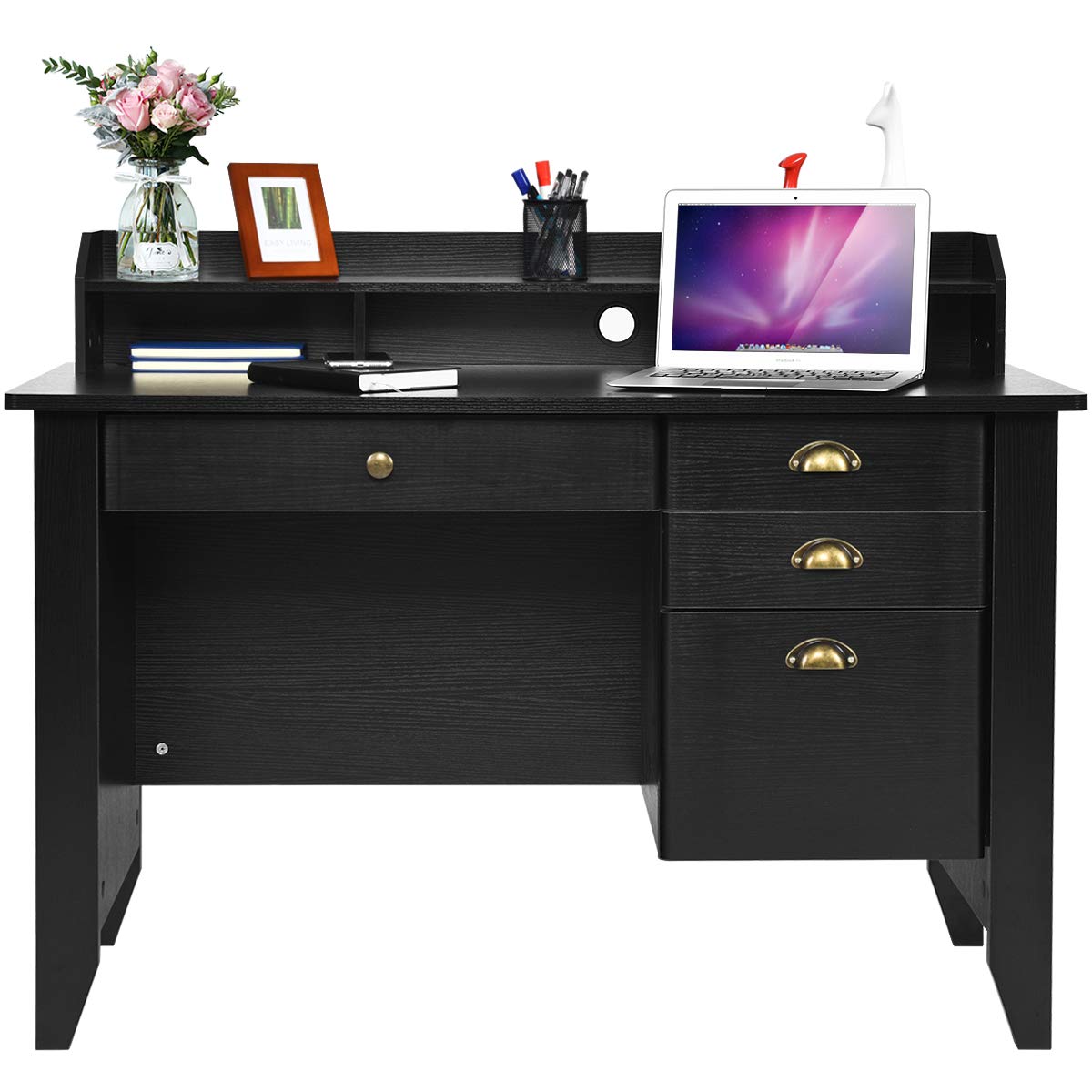 Vintage Wood Computer Desk with Drawers & Hutch - Home Office Writing Study Desk for Teens & Students, Compact PC Laptop Table for Small Spaces (Black) - Perfect for Dorm Rooms, Home Offices & Workspaces