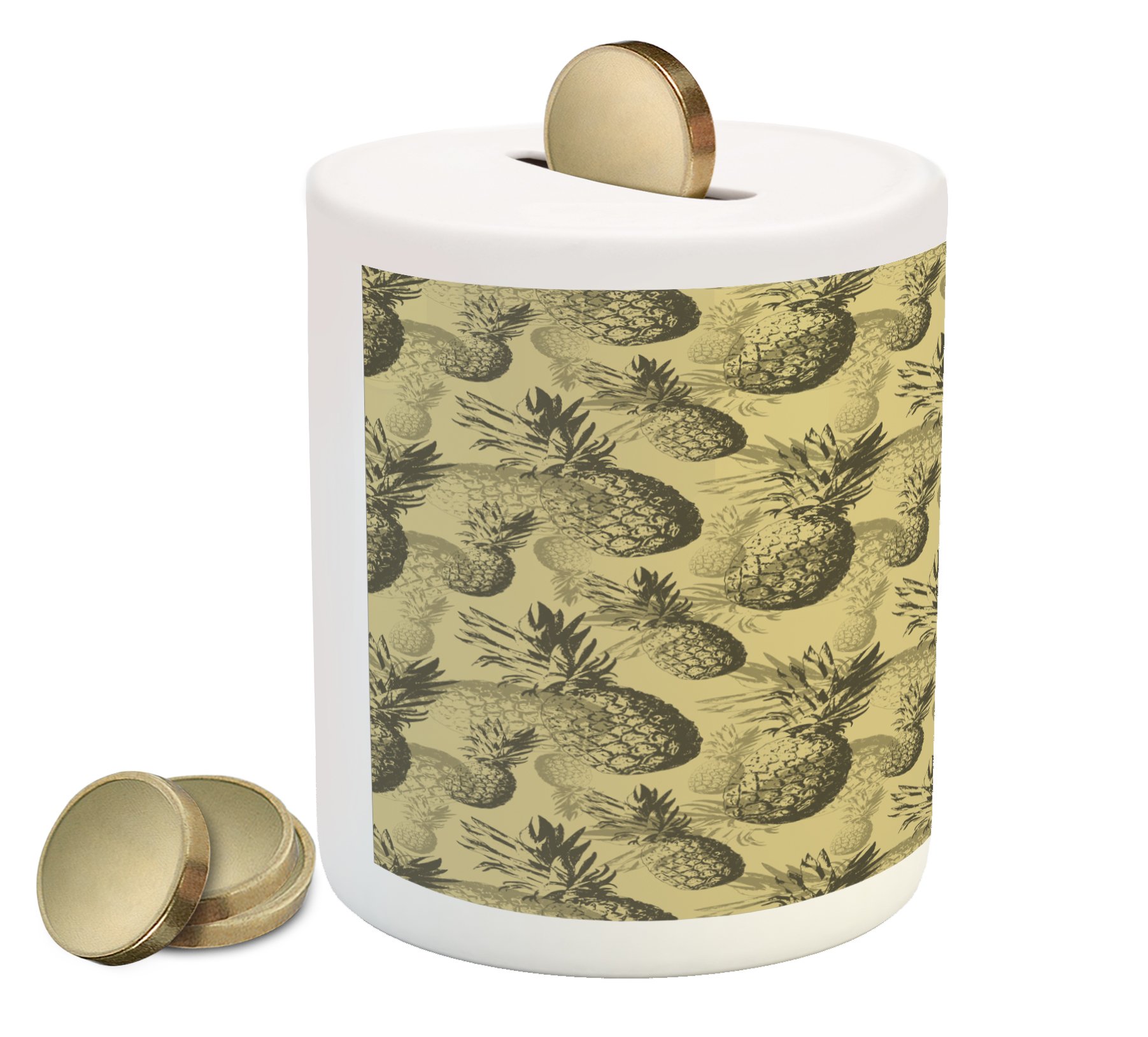 Ambesonne Pineapple Ceramic Piggy Bank - Vintage Tropical Fruit Design with Botanical Grunge Pattern, Money Saving Coin Bank for Kids & Adults - Perfect for Home Decor, Birthday Gifts & Cash Savings (Pale Brown & Dark Green)