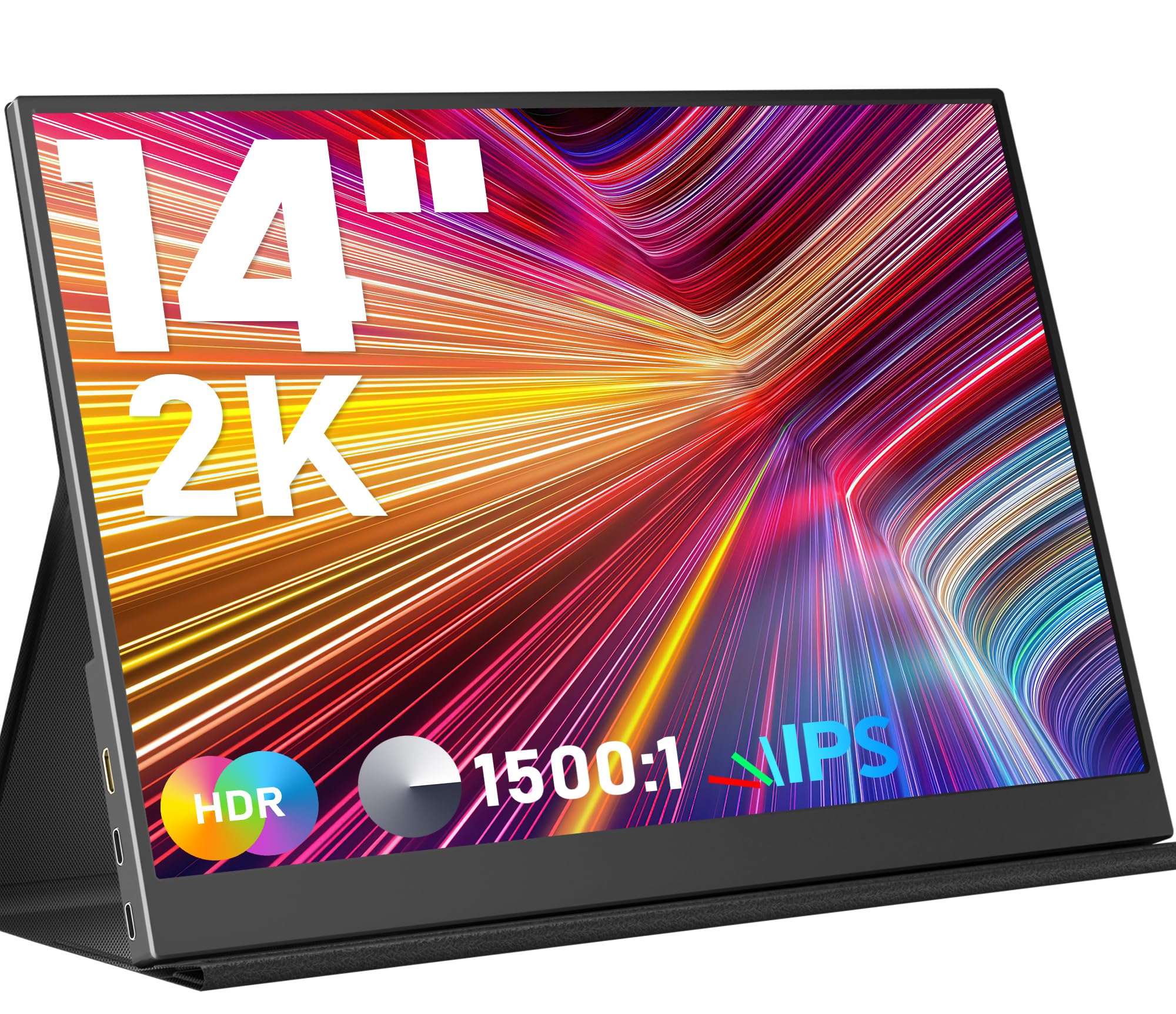 14inch 2K Portable Monitor with Smart Cover - Ultra-Slim IPS Display, 2160x1440P HDR Screen, USB-C & HDMI Connectivity for Laptop, PC, Mac, Phone & Xbox - Perfect for Gaming, Work & Travel