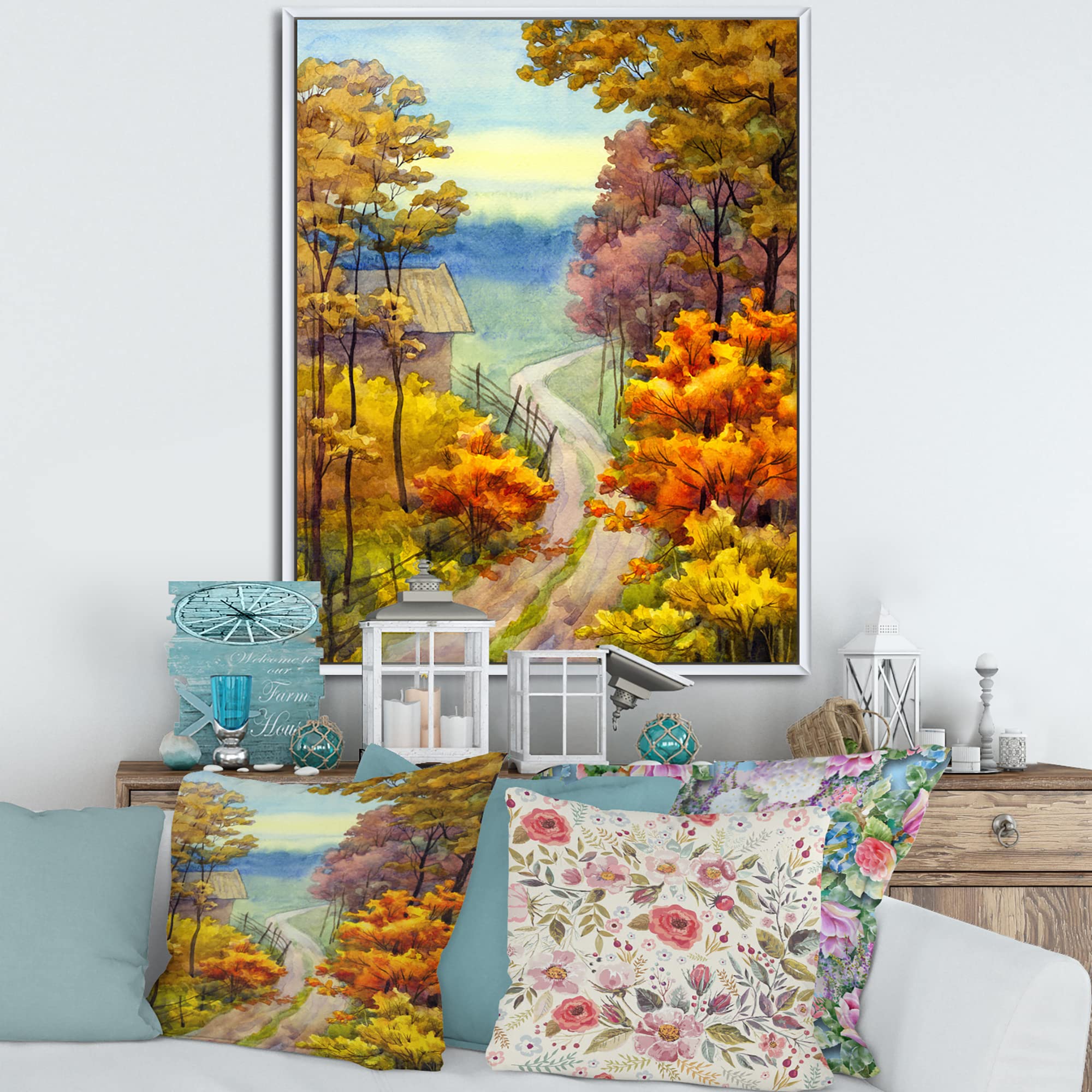 DesignQ Little Road in Vibrant Autumn Scene - Lake House Framed Canvas Wall Art Print for Living Room, Bedroom & Office Decor | Nature Landscape Painting Home Decoration