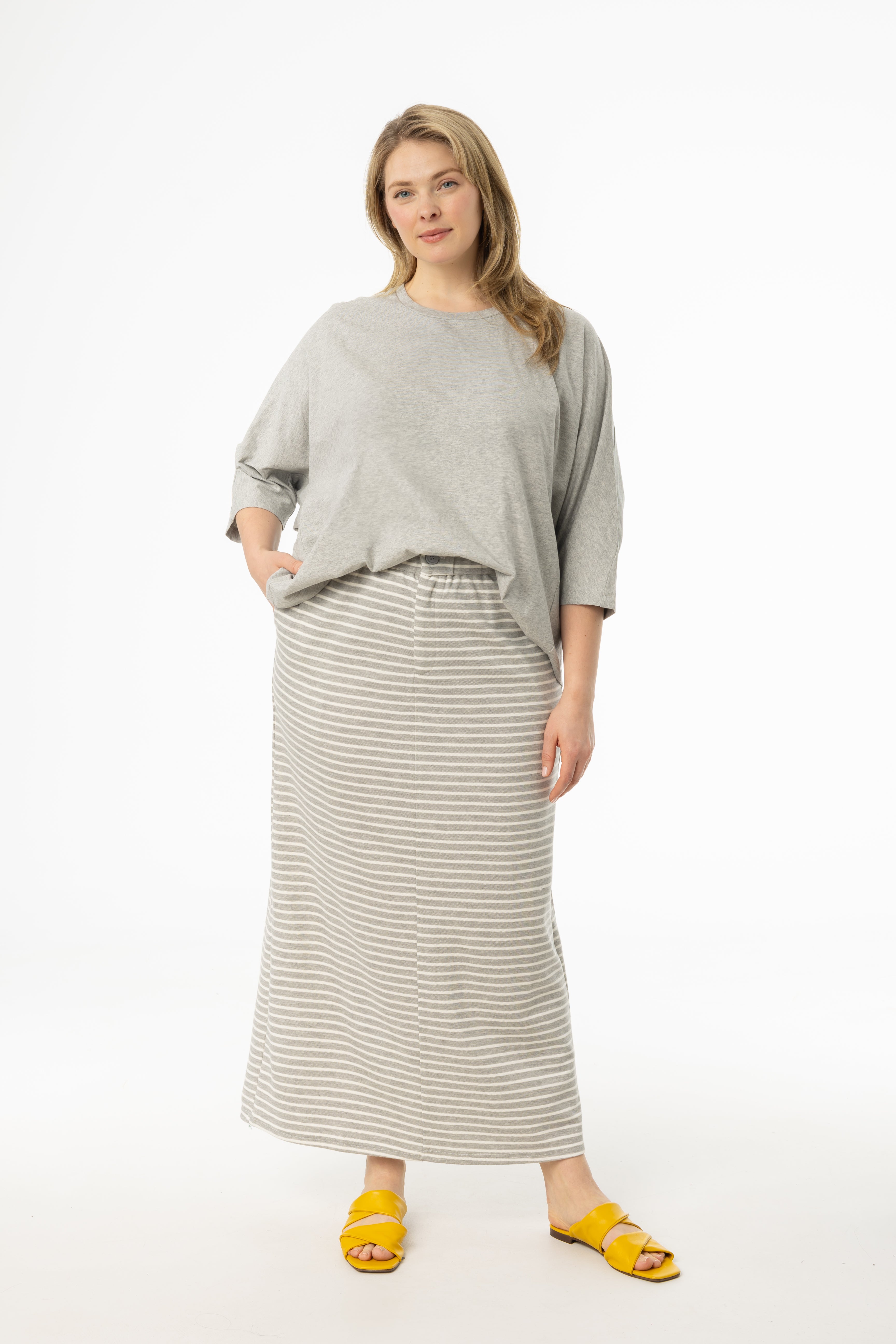Stylish Grey Striped Stretch Maxi Skirt for Women - Comfortable & Flowy Long Skirt for Casual Wear, Beach, Vacation & Summer Outfits