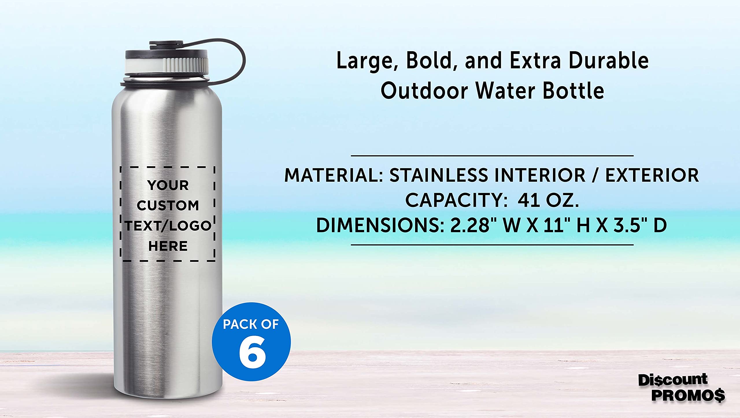 6-Pack 41 oz Stainless Steel Vacuum Insulated Water Bottles - Double Wall, Leakproof, Custom Text & Logo - Silver - Ideal for Gym, Hiking, Office & Travel