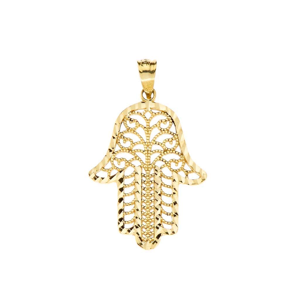 14K Yellow Gold Sparkle-Cut Filigree Hamsa Pendant Necklace - Elegant Hand of Fatima Jewelry for Women, Perfect for Gifts, Weddings & Spiritual Protection