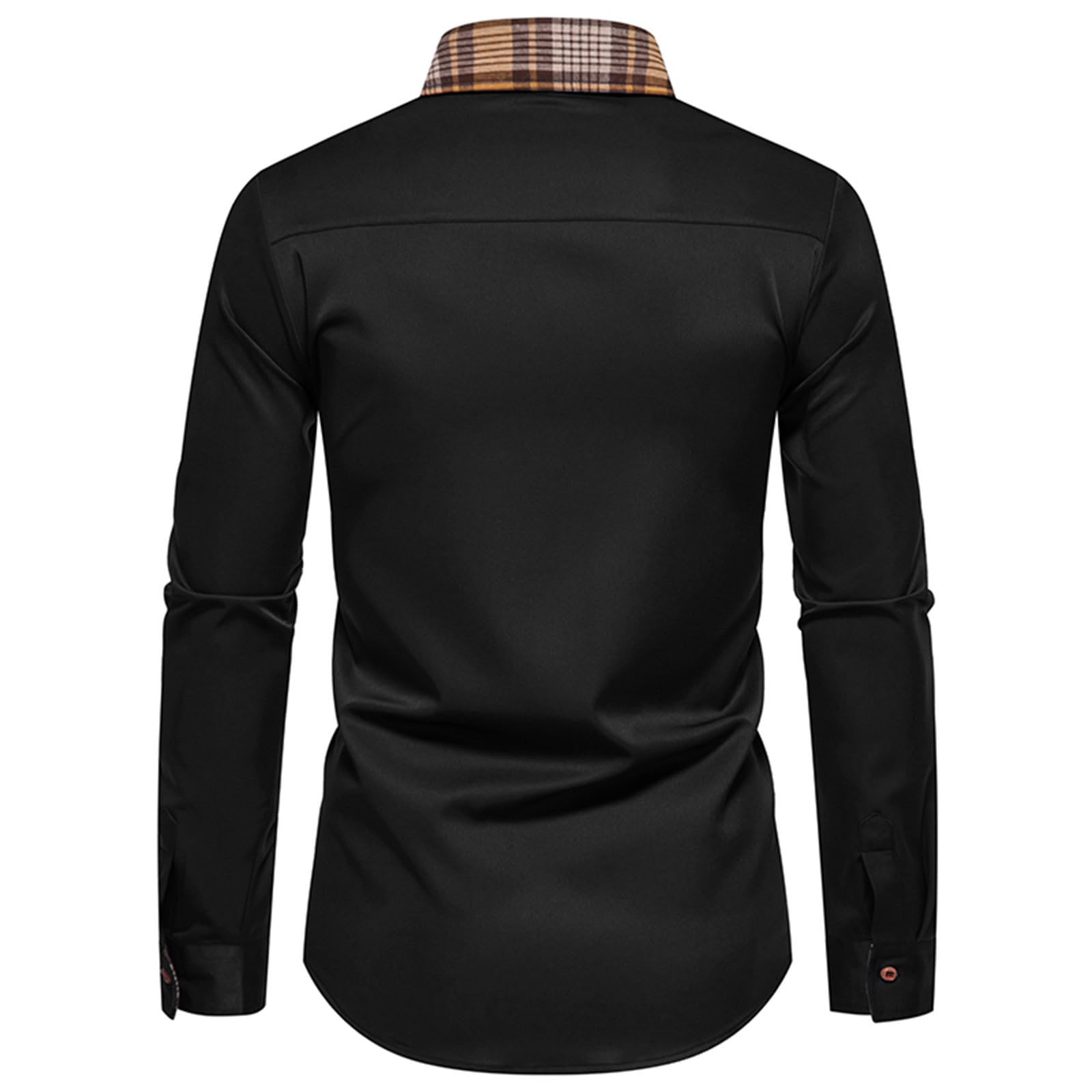 Men's Slim Fit Plaid Patchwork Dress Shirt - Long Sleeve Button Down Business Casual Shirt with Band Collar | Perfect for Office Wear, Business Meetings & Formal Events