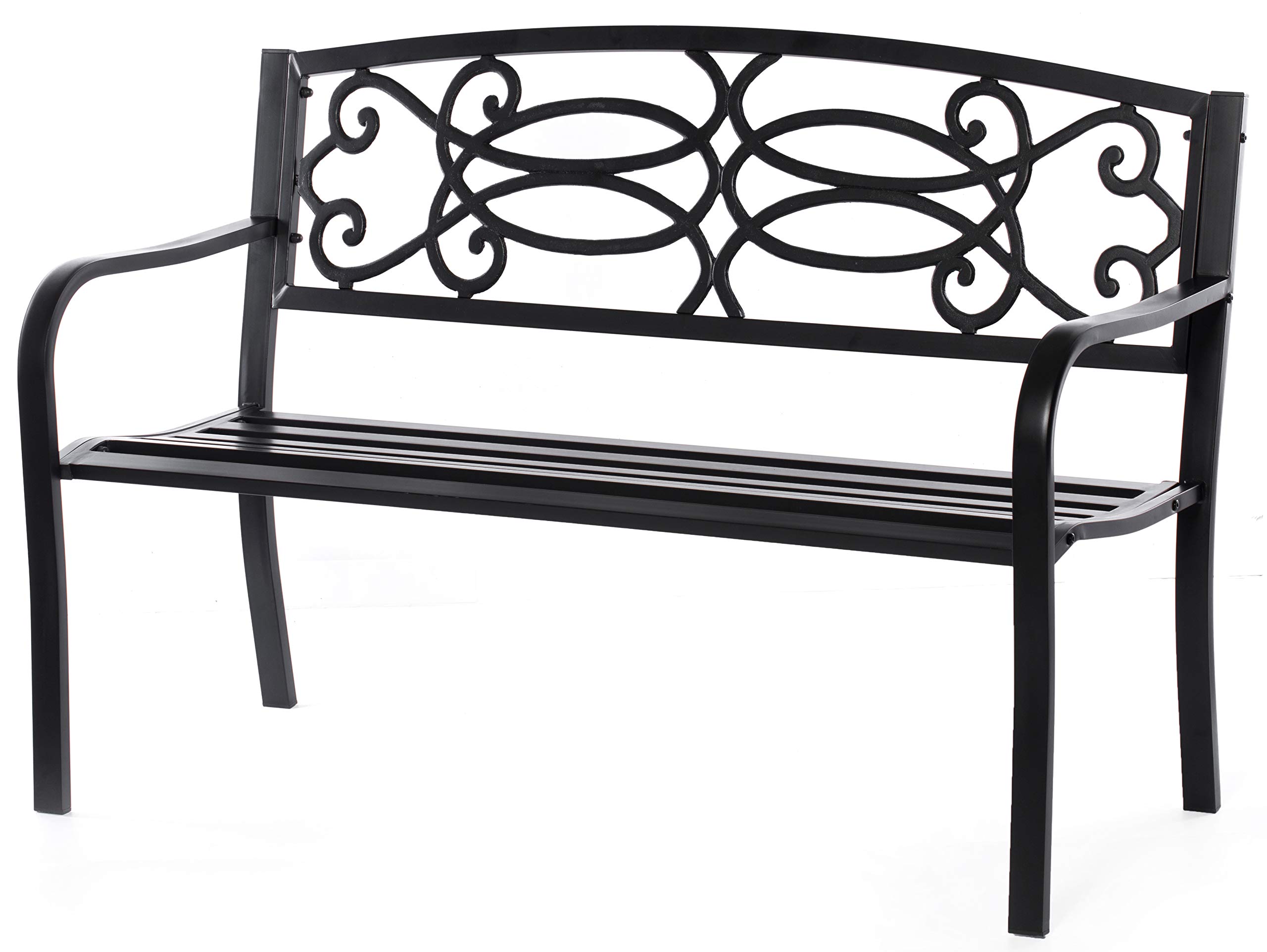Gardenised QI003772 Steel Outdoor Patio Bench with Cast Iron Scrollwork Backrest - Durable Garden, Park, and Porch Seating Bench for Lawn, Yard, and Outdoor Decor - Perfect for Relaxing in Gardens, Parks, and Front Porches