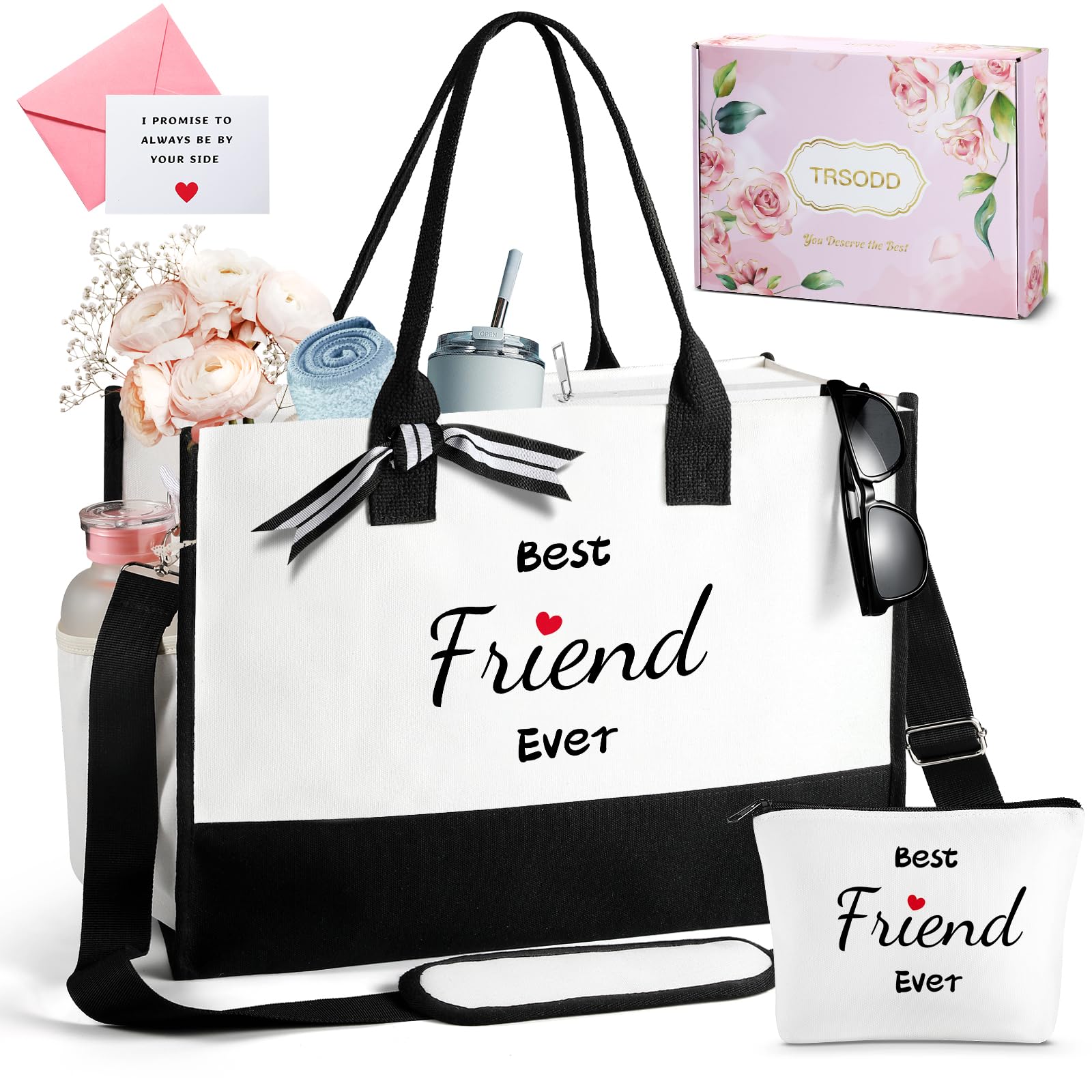 TRSODD Best Friend Birthday Gifts for Women - Personalized Canvas Tote Bag with Zipper Pocket & Shoulder Strap | Unique Sister Christmas Gift Ideas | Perfect for Beach Trips, Overnight Stays & Makeup Storage | Includes Gift Box & Card