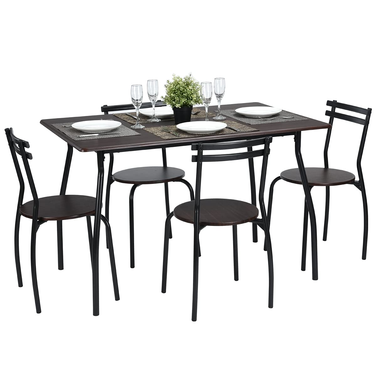 Black Dining Table Set with 4 Chairs - Steel Frame Rectangle Kitchen Table with Ergonomic Back - Compact Space-Saving Design for Apartments, Small Kitchens & Dining Rooms - Perfect for Family Meals, Dinner Parties & Small Space Living