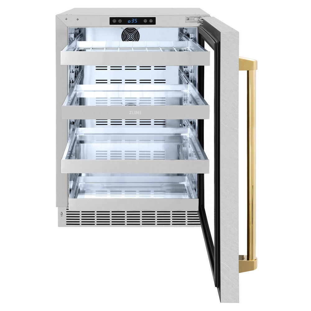 ZLINE Autograph Edition 24 Inch Touchstone 151 Beverage Refrigerator - Stainless Steel Glass Door with Gold Handle - Perfect for Home Bar, Kitchen, or Office - Energy Efficient Drink Cooler for Wine, Beer & Soda (RBSOZ SN 24 G)