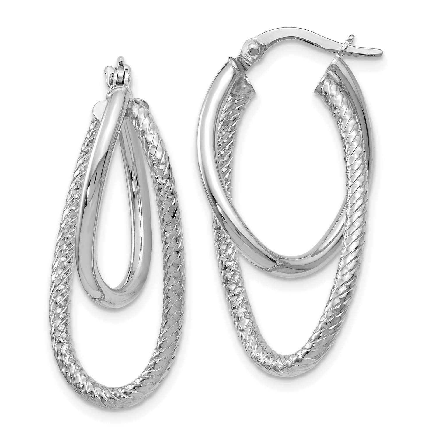 14K White Gold Textured Hinged Hoop Earrings 28x15mm - Elegant Everyday Jewelry for Women, Perfect for Work, Date Night & Special Occasions
