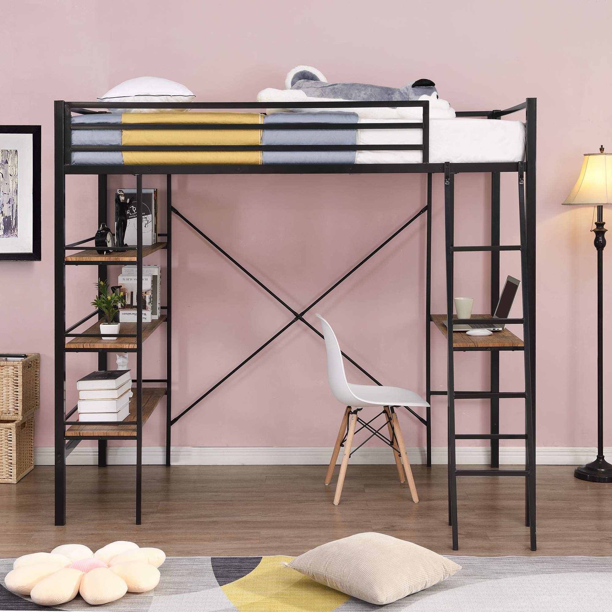 Metal Twin Loft Bed with Storage Shelf & Desk - Full-Length Guardrail, Space-Saving Design - No Box Spring Needed - Perfect for Kids Rooms, Dorms & Small Apartments
