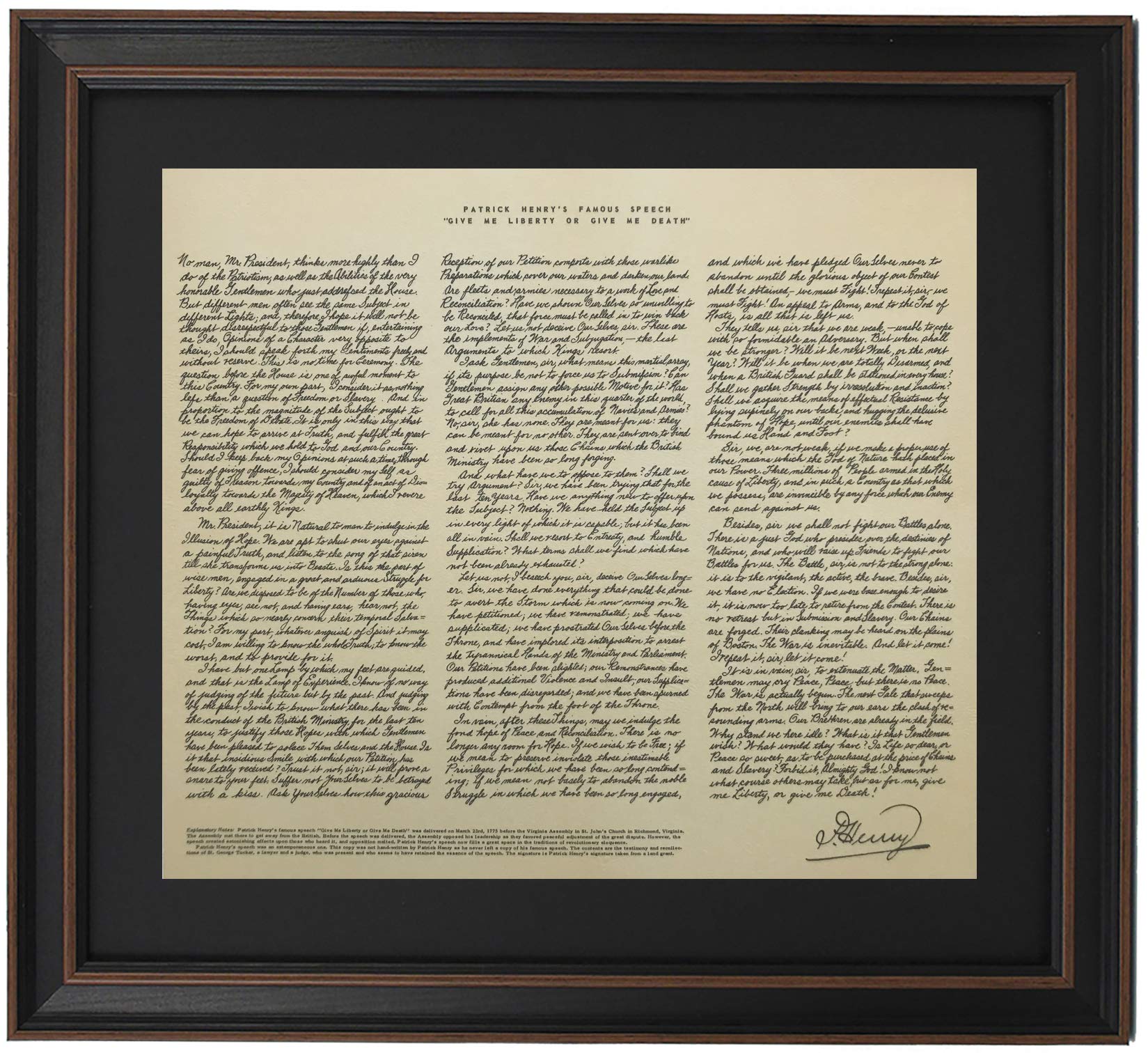 Framed 'Give Me Liberty or Give Me Death' Patrick Henry Speech - Vintage Historical Wall Art - Handmade in USA - Perfect Gift for History Lovers & Patriotic Home Decor