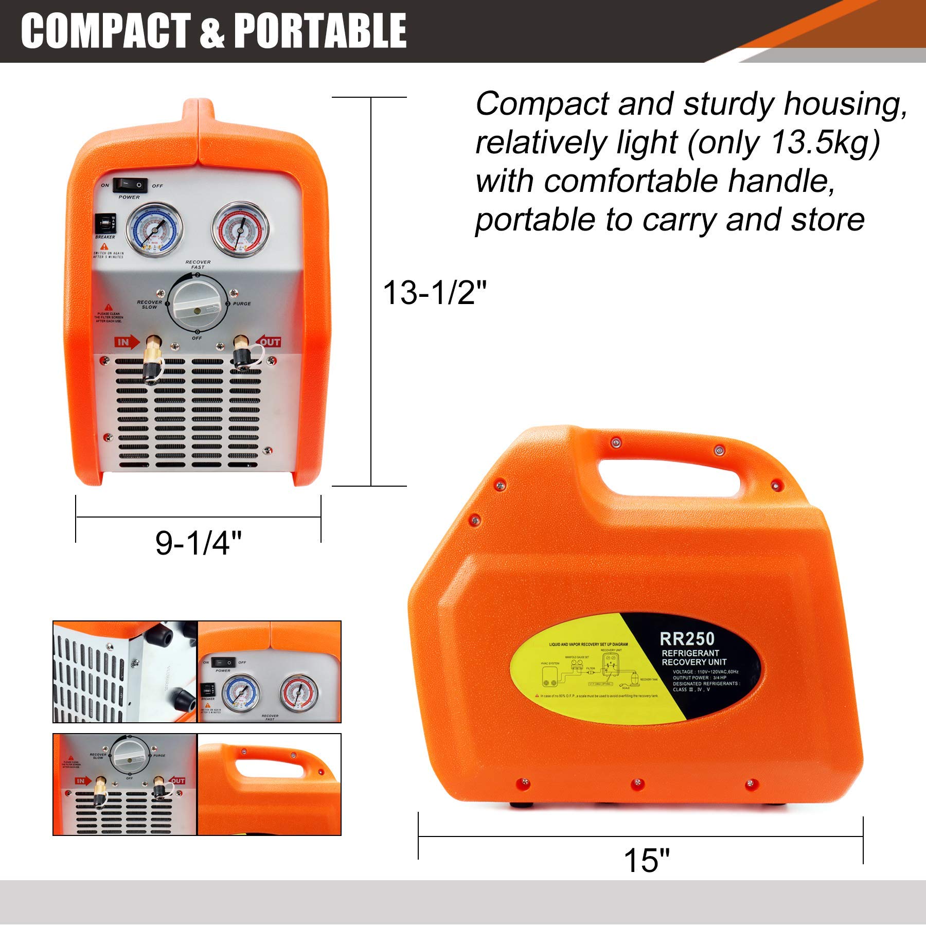 JIFETOR Portable AC Refrigerant Recovery Machine - 3/4HP Oil-Free Compressor for Recycling Liquid & Vapor Refrigerant | Automotive AC & HVAC System Maintenance Tool | Ideal for Car Repair Shops & Home HVAC Service