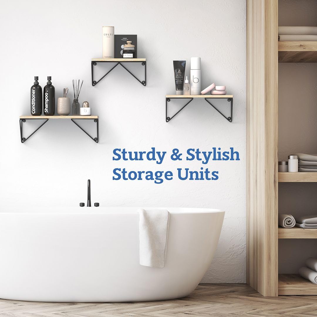 Rustic Floating Wall Shelves Set of 3 - Natural Wood Wall Mounted Shelves with Prism Brackets for Bedroom, Living Room, Kitchen & Bathroom Decor | Perfect for Books, Plants & Home Organization