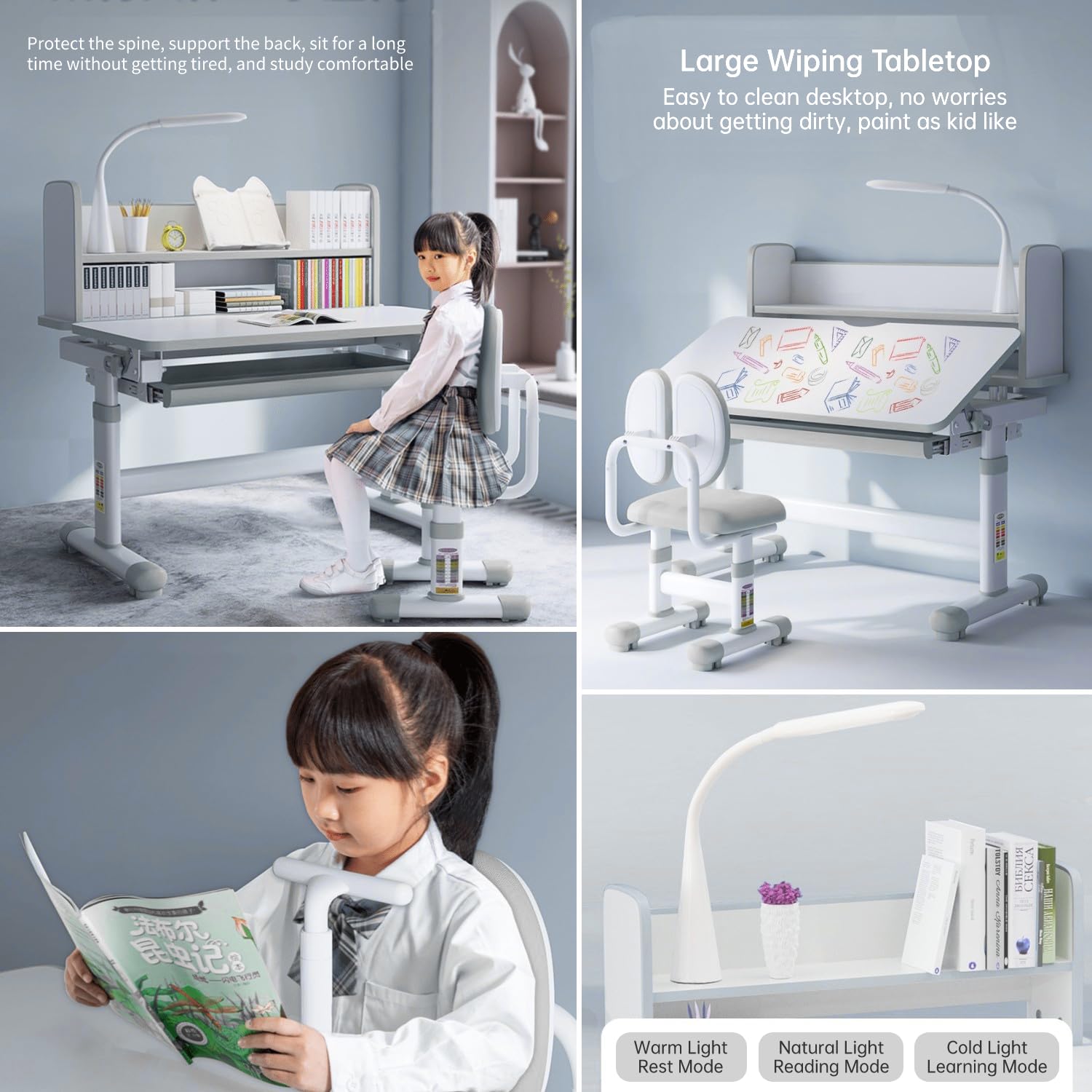 Adjustable Ergonomic Study Desk and Chair Set with Tilt Desktop, Storage Drawers, LED Light & Bookstand - Perfect for Home Office, School & Gaming Workstation (Gray)