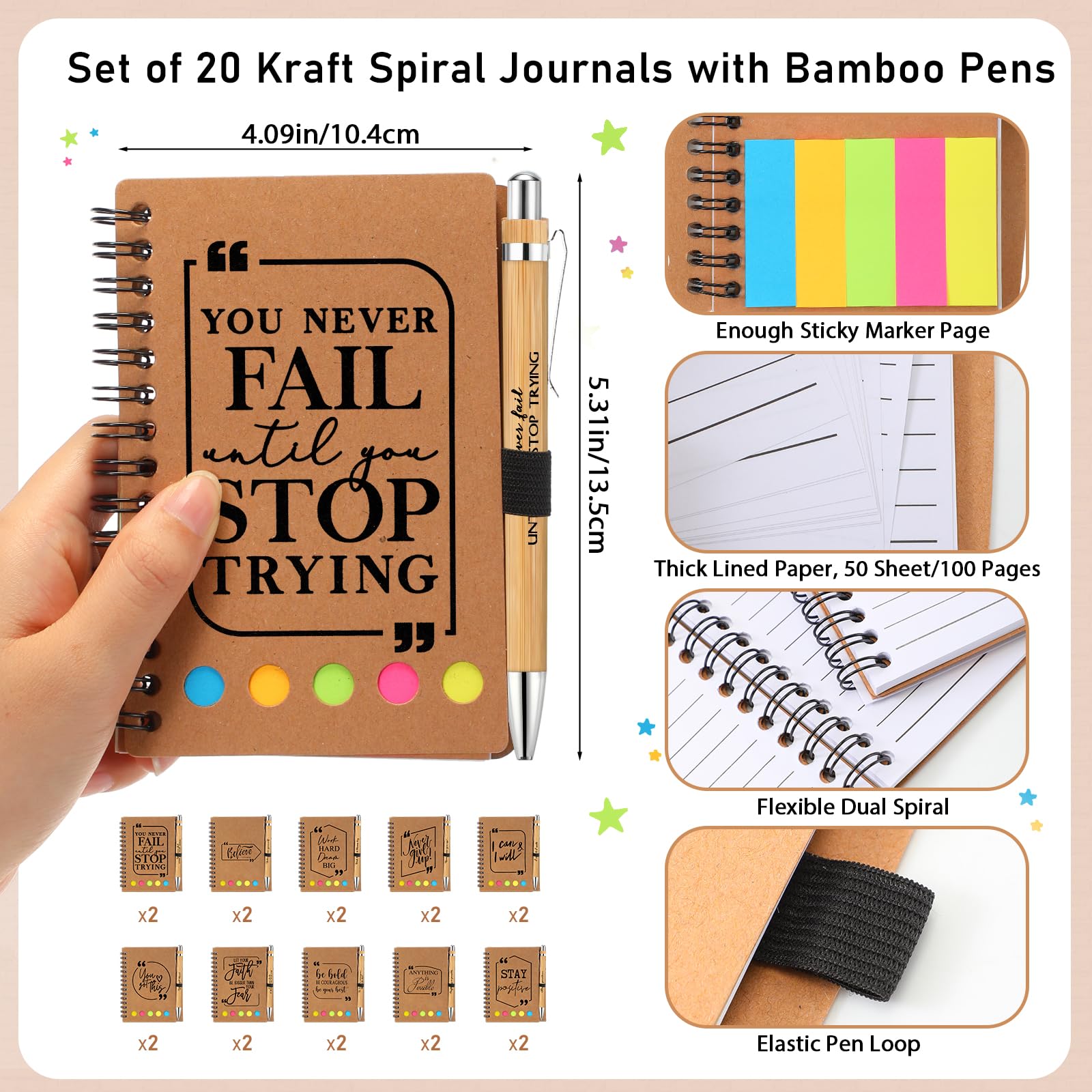 20 Sets Inspirational Notebook and Pen Gift Set - Spiral Journal Notepad with Sticky Notes & Motivational Bamboo Ballpoint Pen - Perfect for Teacher Appreciation, Employee Recognition, Team Gifts (Bulk Office Supplies for Workplace Motivation)
